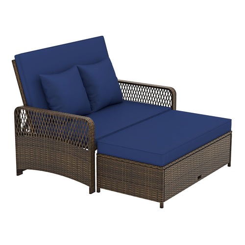 Adjustable Wicker Daybed, 4-Level Backrest, Soft Cushions, Navy