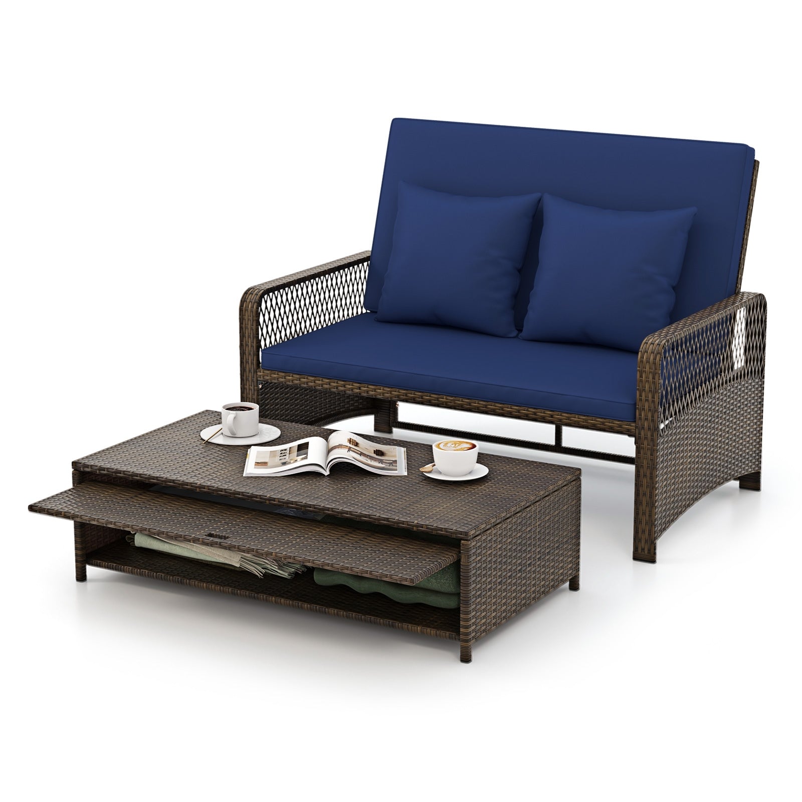 Adjustable Wicker Daybed, 4-Level Backrest, Soft Cushions, Navy Outdoor Sectionals at Gallery Canada