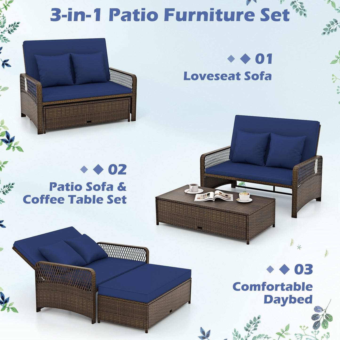 Patio Adjustable Wicker Daybed with 4-Level Backrest and Soft Cushions, Navy Outdoor Sectionals at Gallery Canada