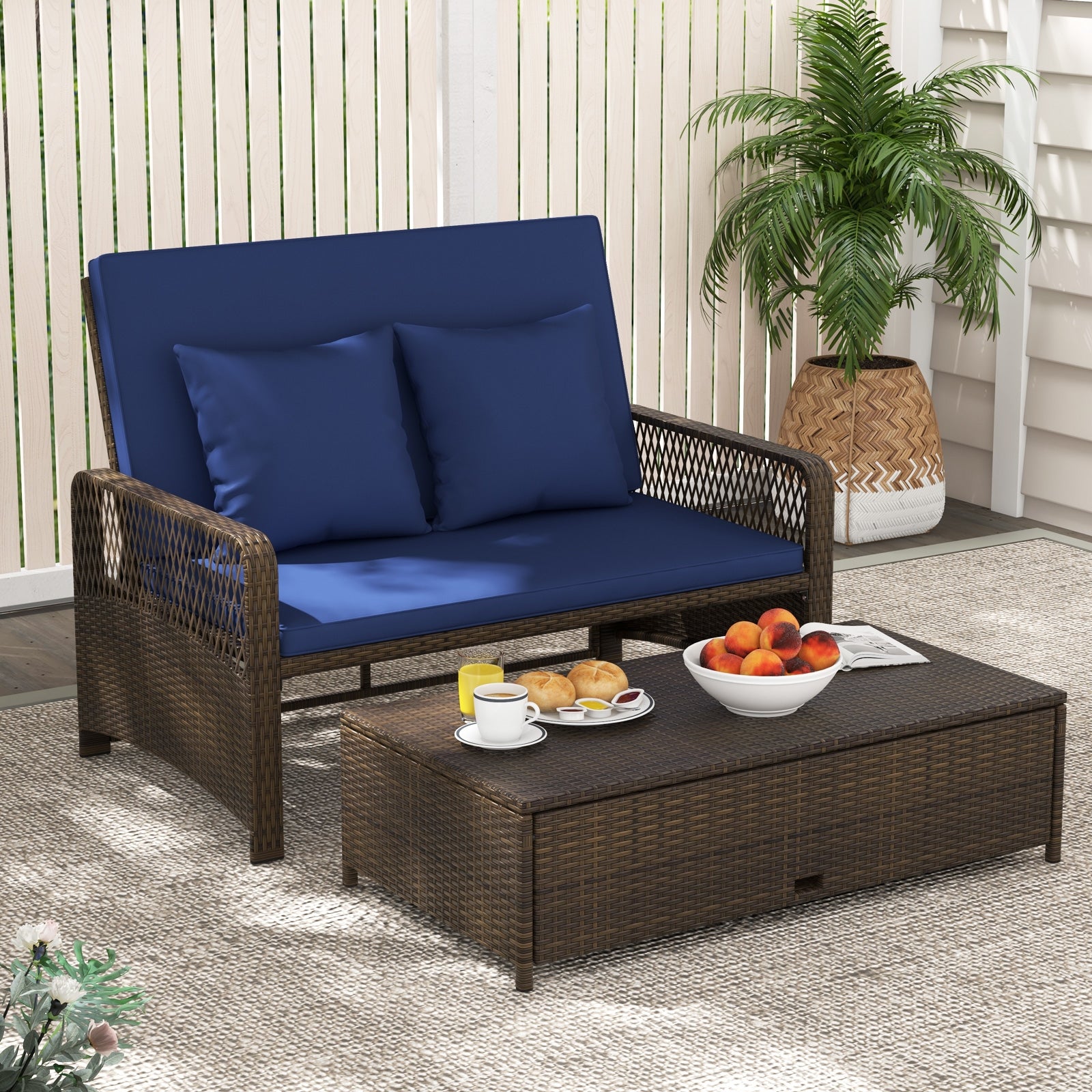 Patio Adjustable Wicker Daybed with 4-Level Backrest and Soft Cushions, Navy Outdoor Sectionals at Gallery Canada