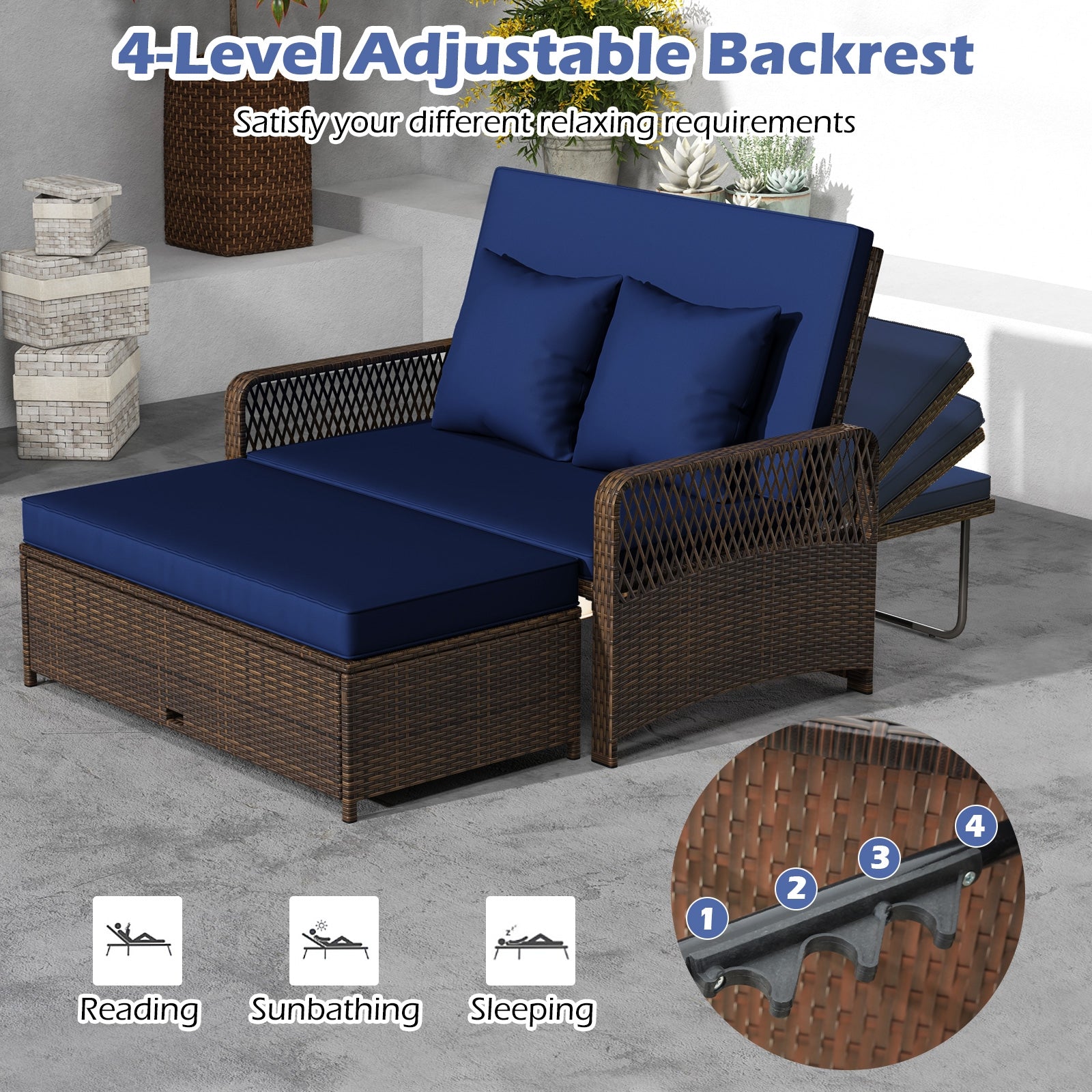 Patio Adjustable Wicker Daybed with 4-Level Backrest and Soft Cushions, Navy Outdoor Sectionals at Gallery Canada