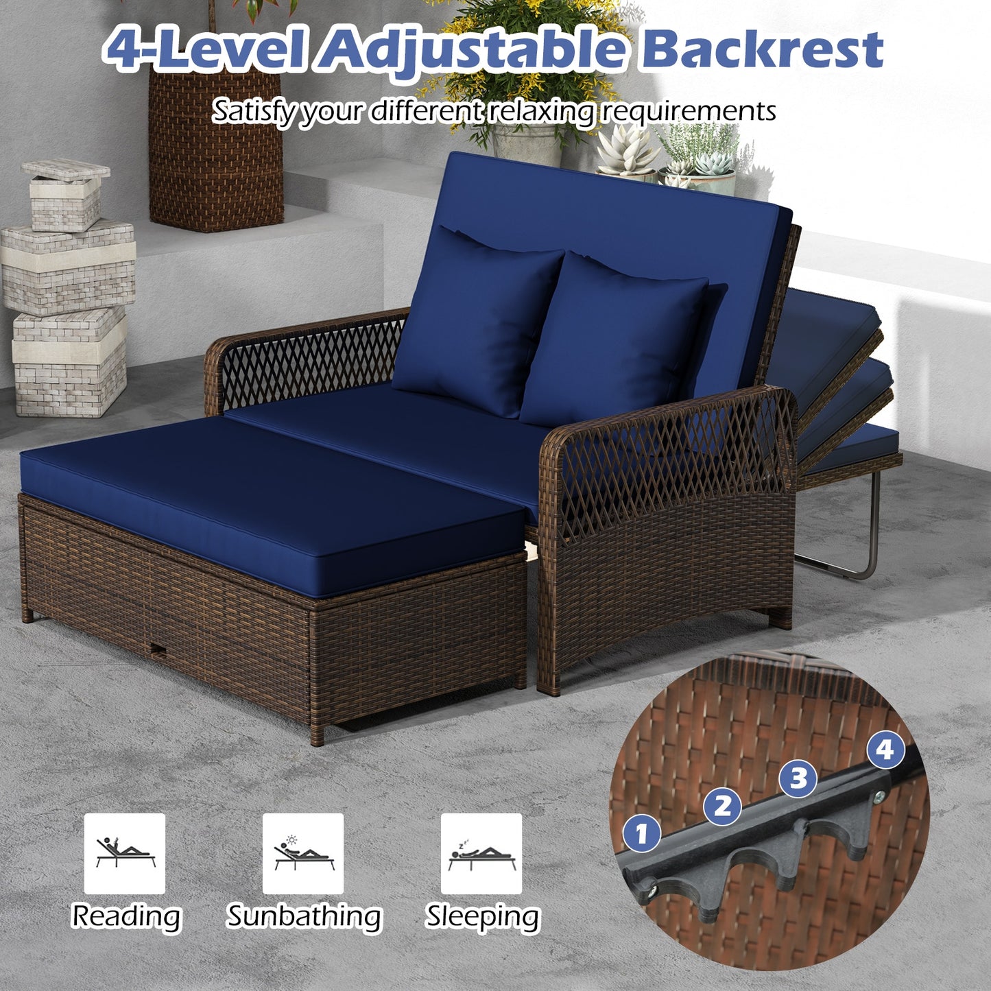 Patio Adjustable Wicker Daybed with 4-Level Backrest and Soft Cushions, Navy Outdoor Sectionals at Gallery Canada