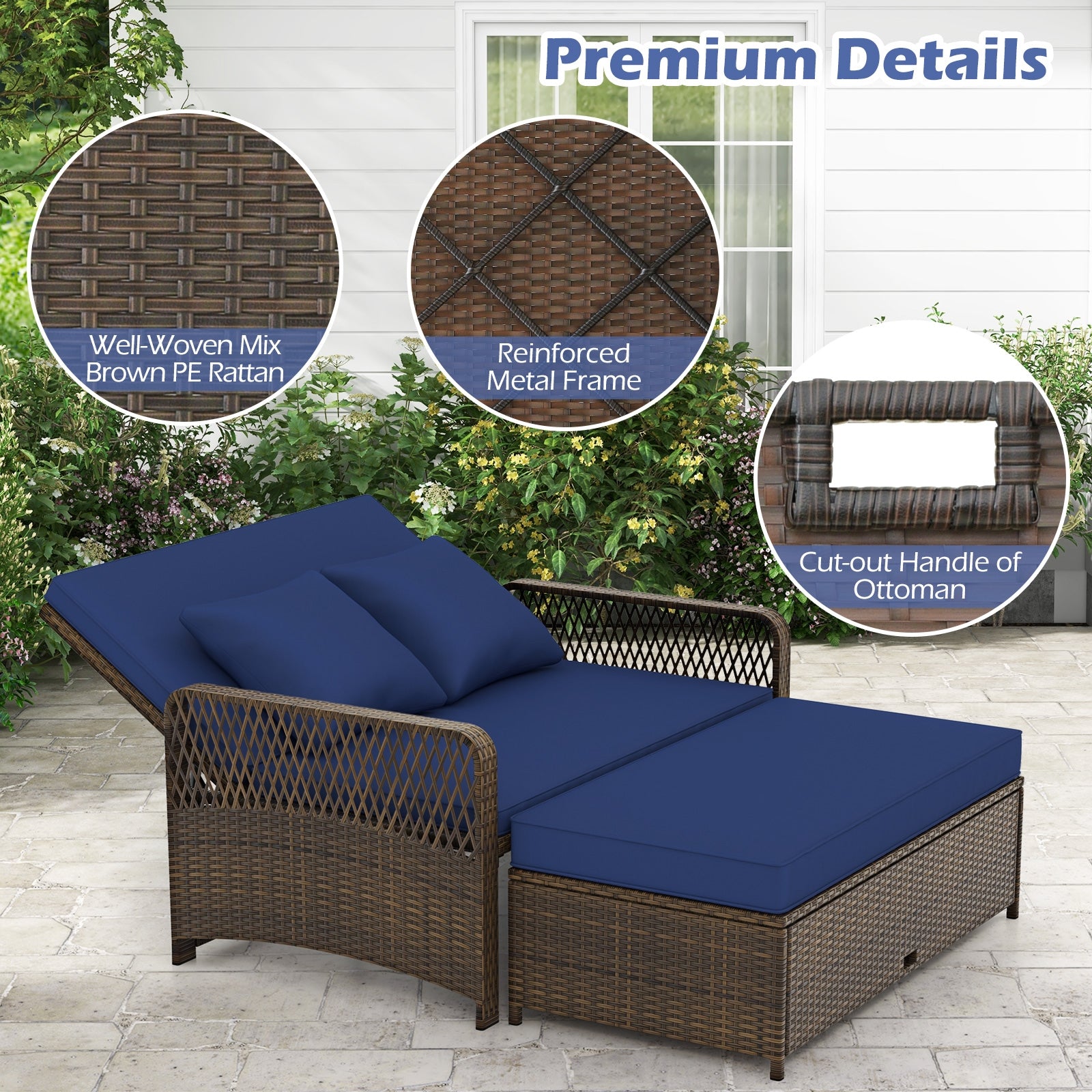 Patio Adjustable Wicker Daybed with 4-Level Backrest and Soft Cushions, Navy Outdoor Sectionals at Gallery Canada
