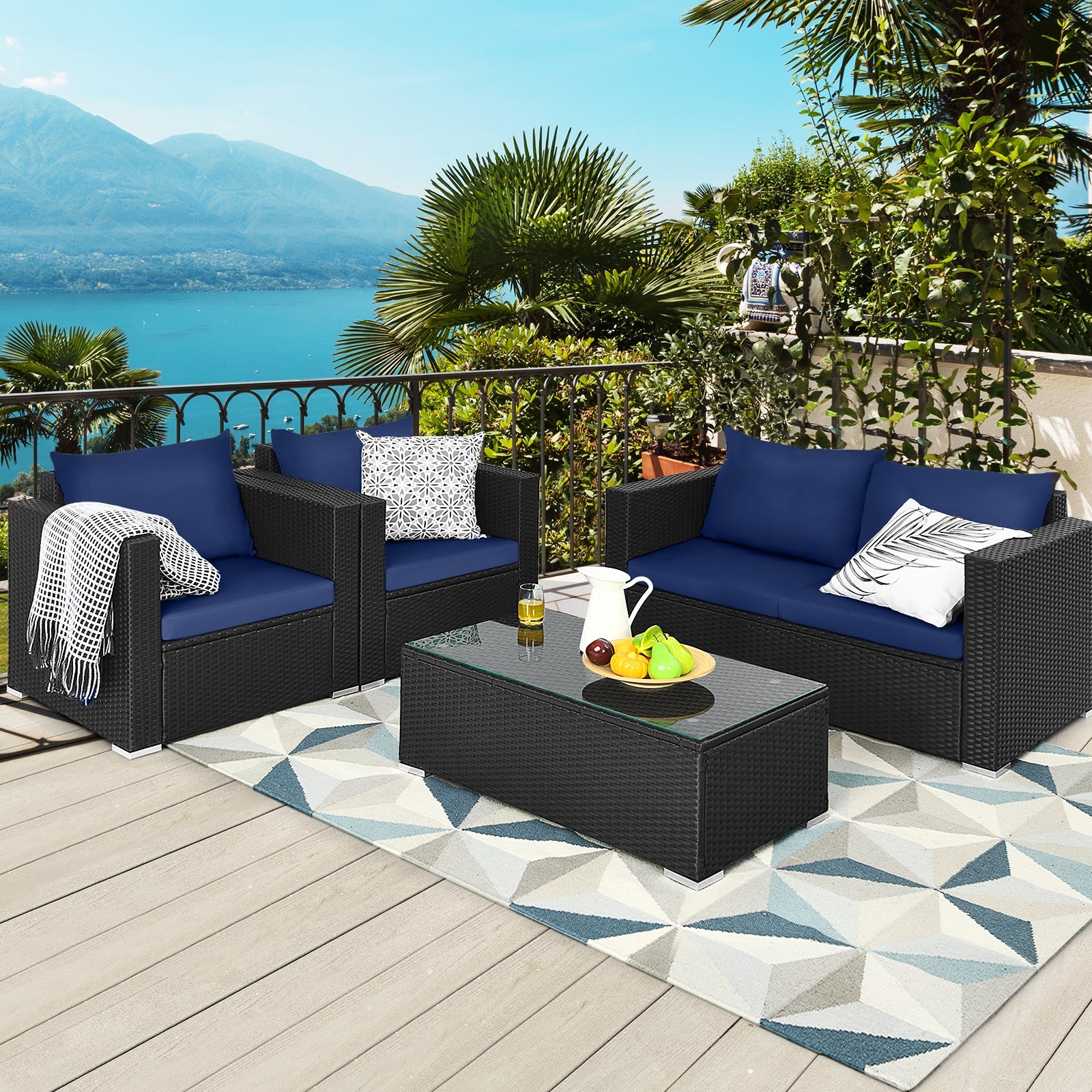 4 Pieces Patio Rattan Conversation Set with Padded Cushions, Navy Patio Conversation Sets at Gallery Canada