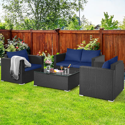 4 Pieces Patio Rattan Conversation Set with Padded Cushions, Navy Patio Conversation Sets at Gallery Canada