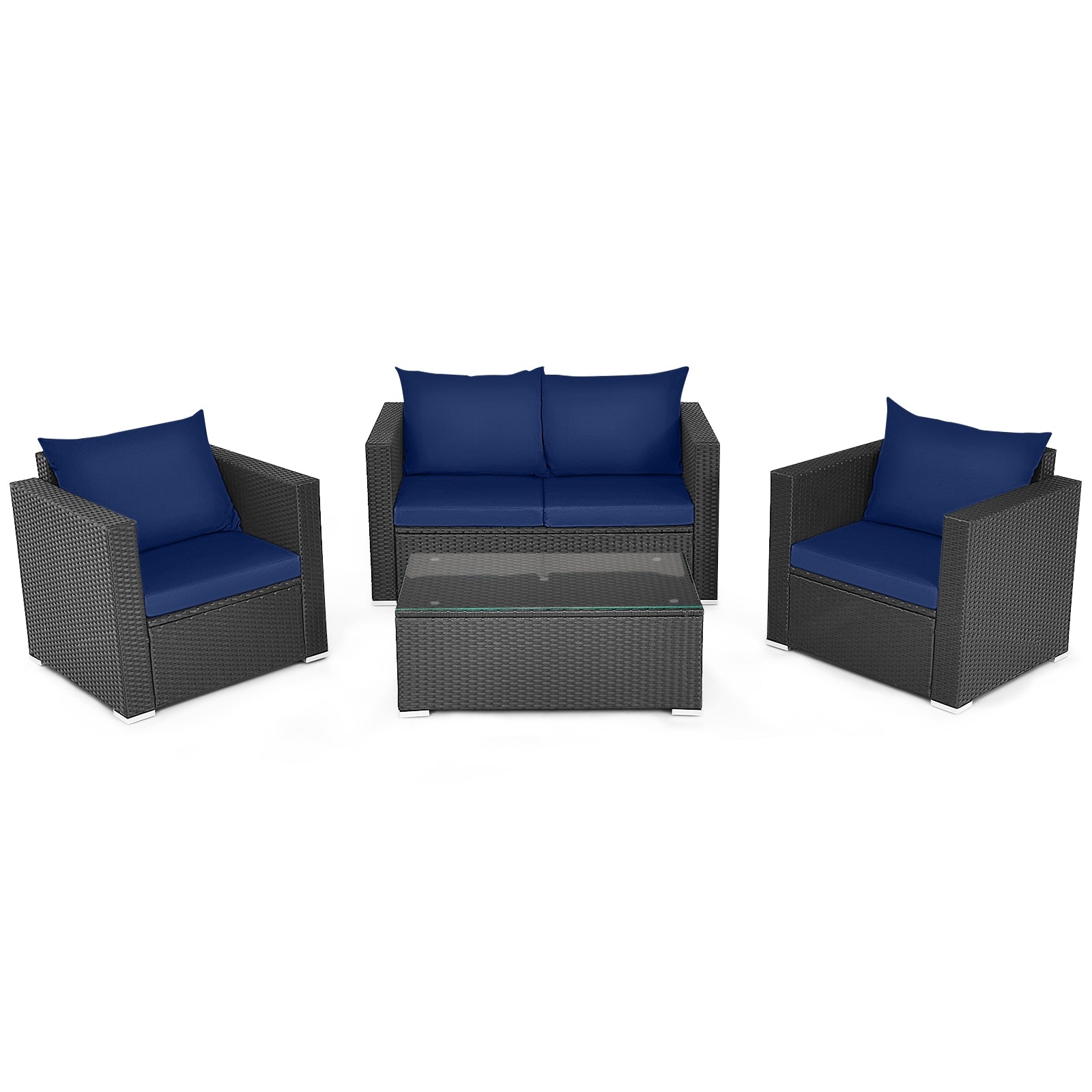 4 Pieces Patio Rattan Conversation Set with Padded Cushions, Navy Patio Conversation Sets Navy at Gallery Canada