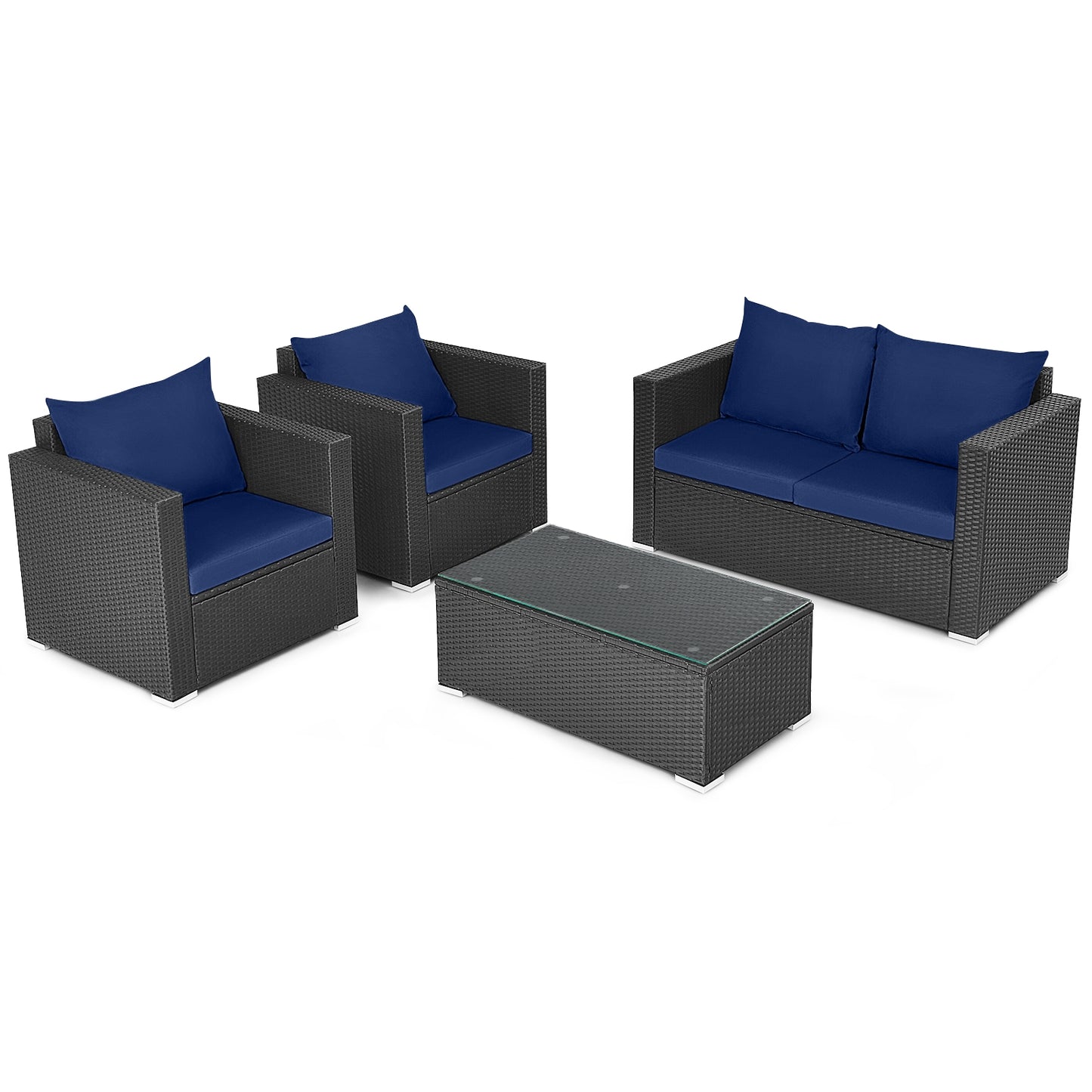 4 Pieces Patio Rattan Conversation Set with Padded Cushions, Navy Patio Conversation Sets at Gallery Canada