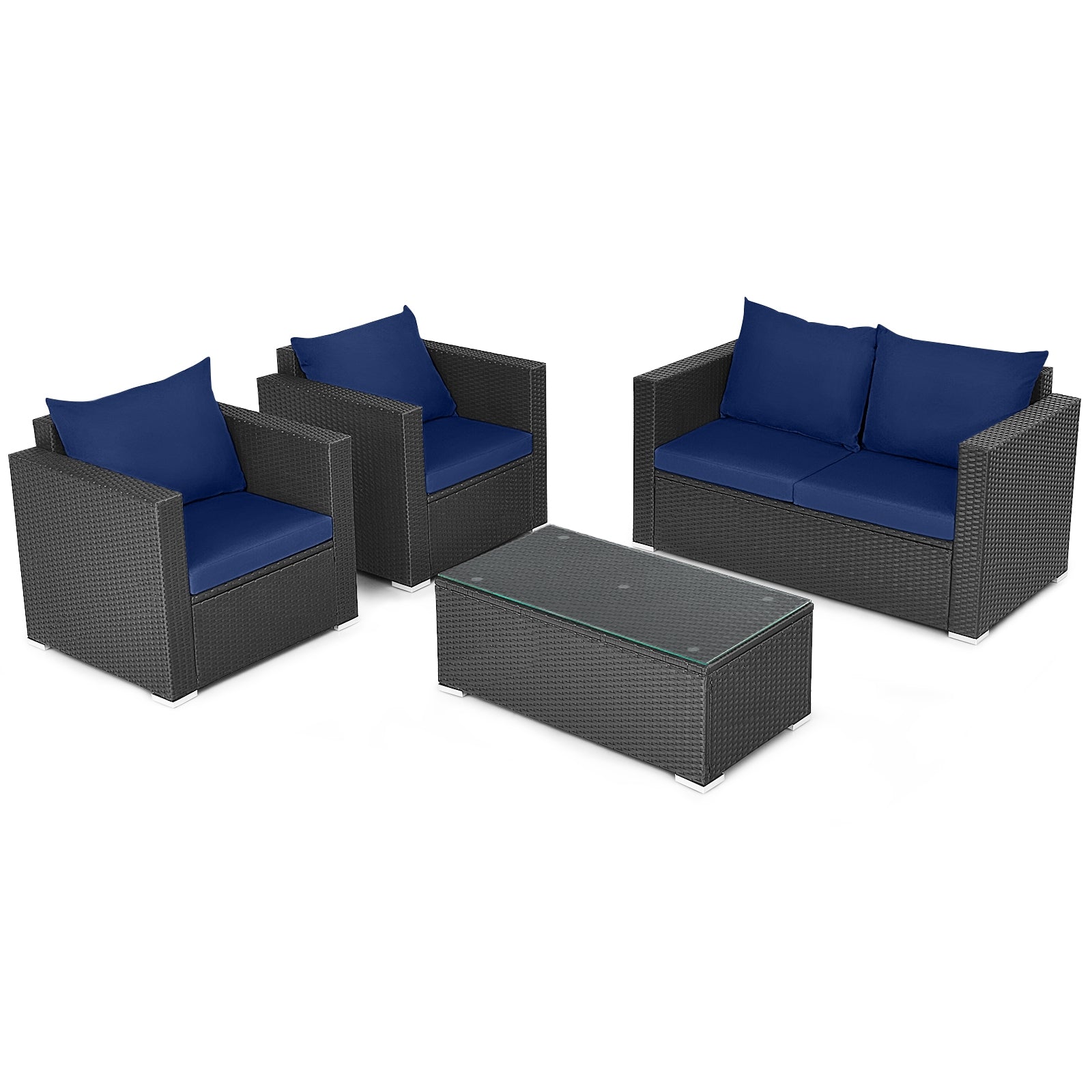 4 Pieces Patio Rattan Conversation Set with Padded Cushions, Navy Patio Conversation Sets at Gallery Canada