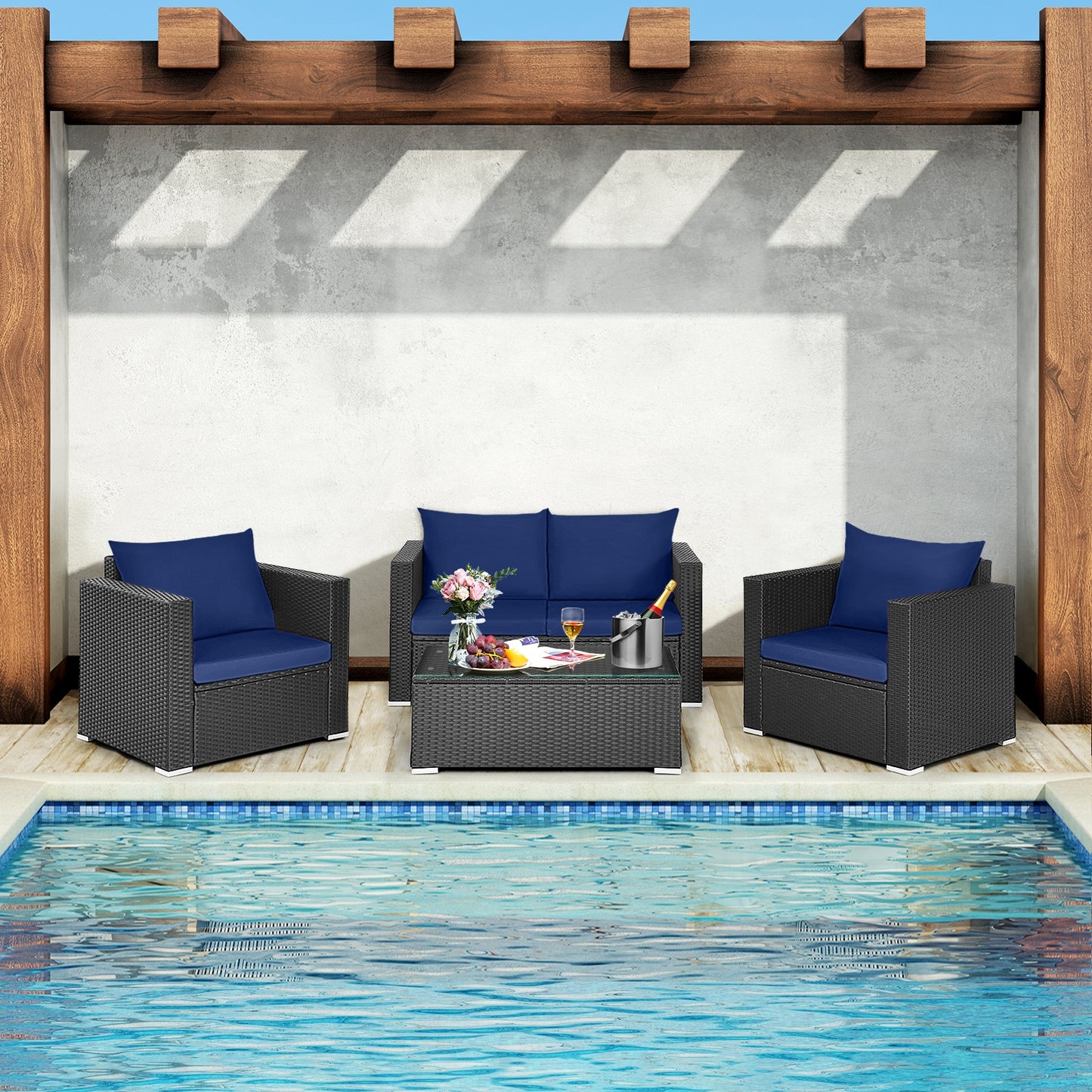 4 Pieces Patio Rattan Conversation Set with Padded Cushions, Navy Patio Conversation Sets at Gallery Canada