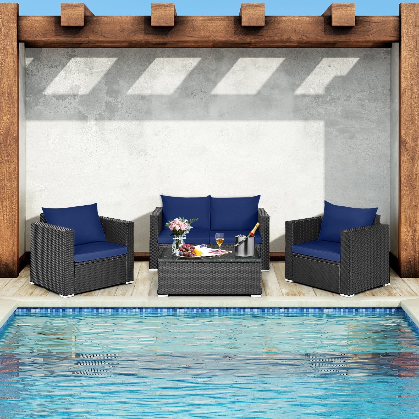 4 Pieces Patio Rattan Conversation Set with Padded Cushions, Navy Patio Conversation Sets at Gallery Canada