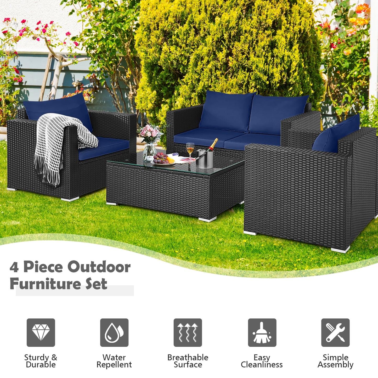 4 Pieces Patio Rattan Conversation Set with Padded Cushions, Navy Patio Conversation Sets at Gallery Canada