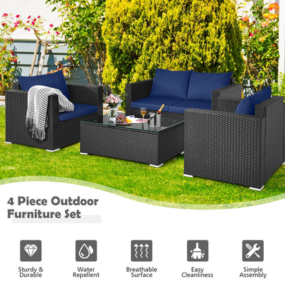 4 Pieces Patio Rattan Conversation Set with Padded Cushions, Navy Patio Conversation Sets at Gallery Canada