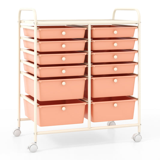 12-Drawer Rolling Storage Cart with Removable Drawers and Lockable Wheels, Peach File Cabinets Peach at Gallery Canada