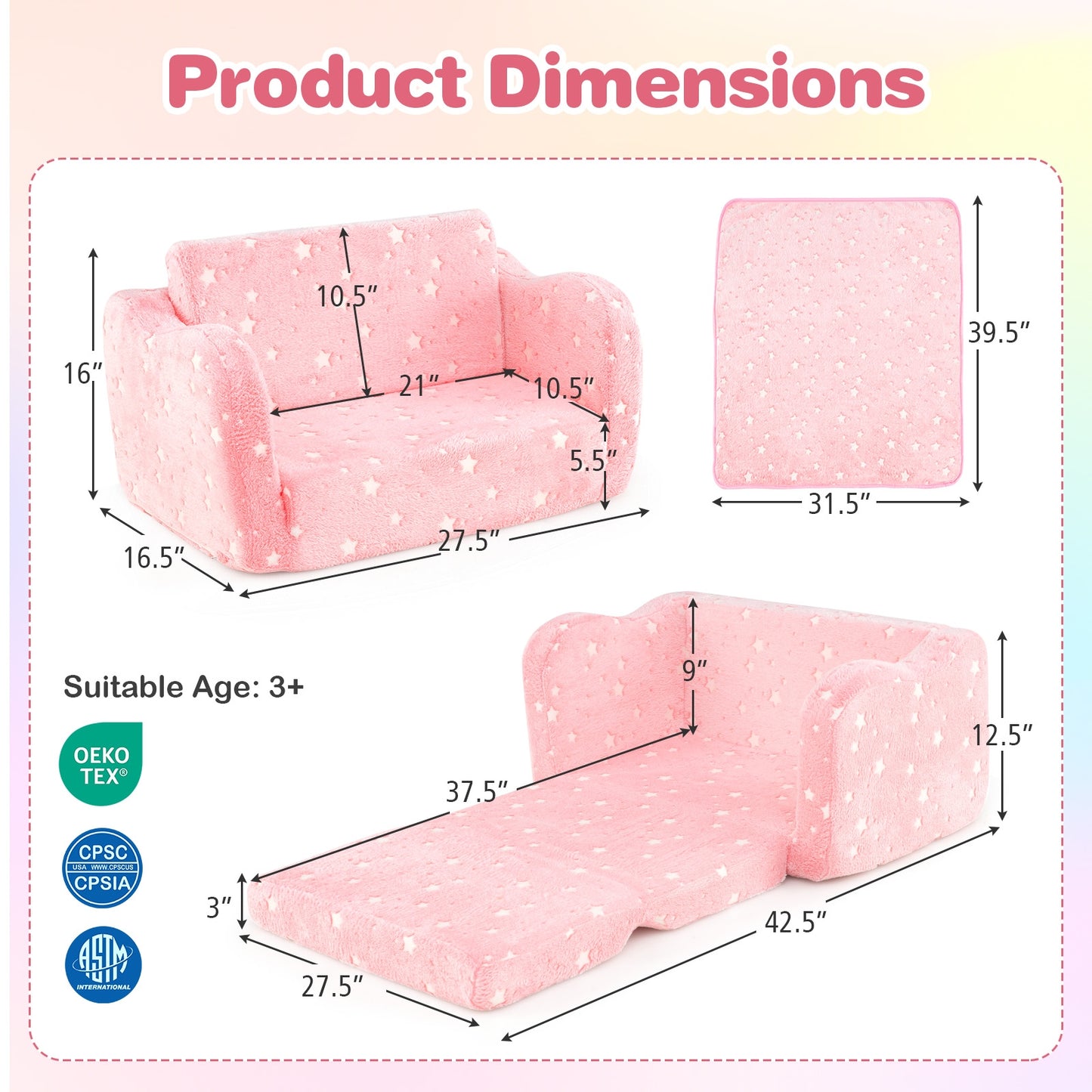 Folding Kids Couch With Glow In The Dark Blanket, Pink Kids Chairs & Seating at Gallery Canada