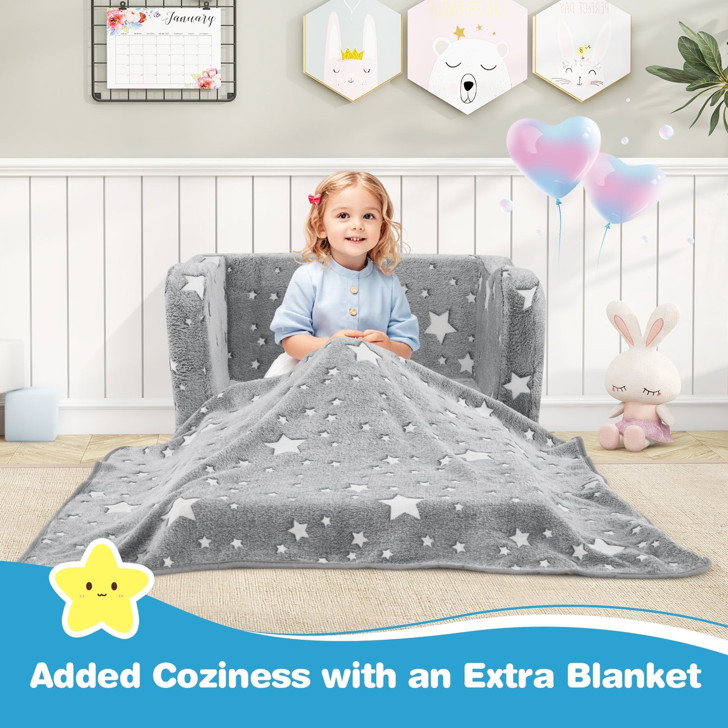 2-in-1 Folding Kids Couch With Blanket, Glow In Dark, Gray Kids Chairs & Seating at Gallery Canada