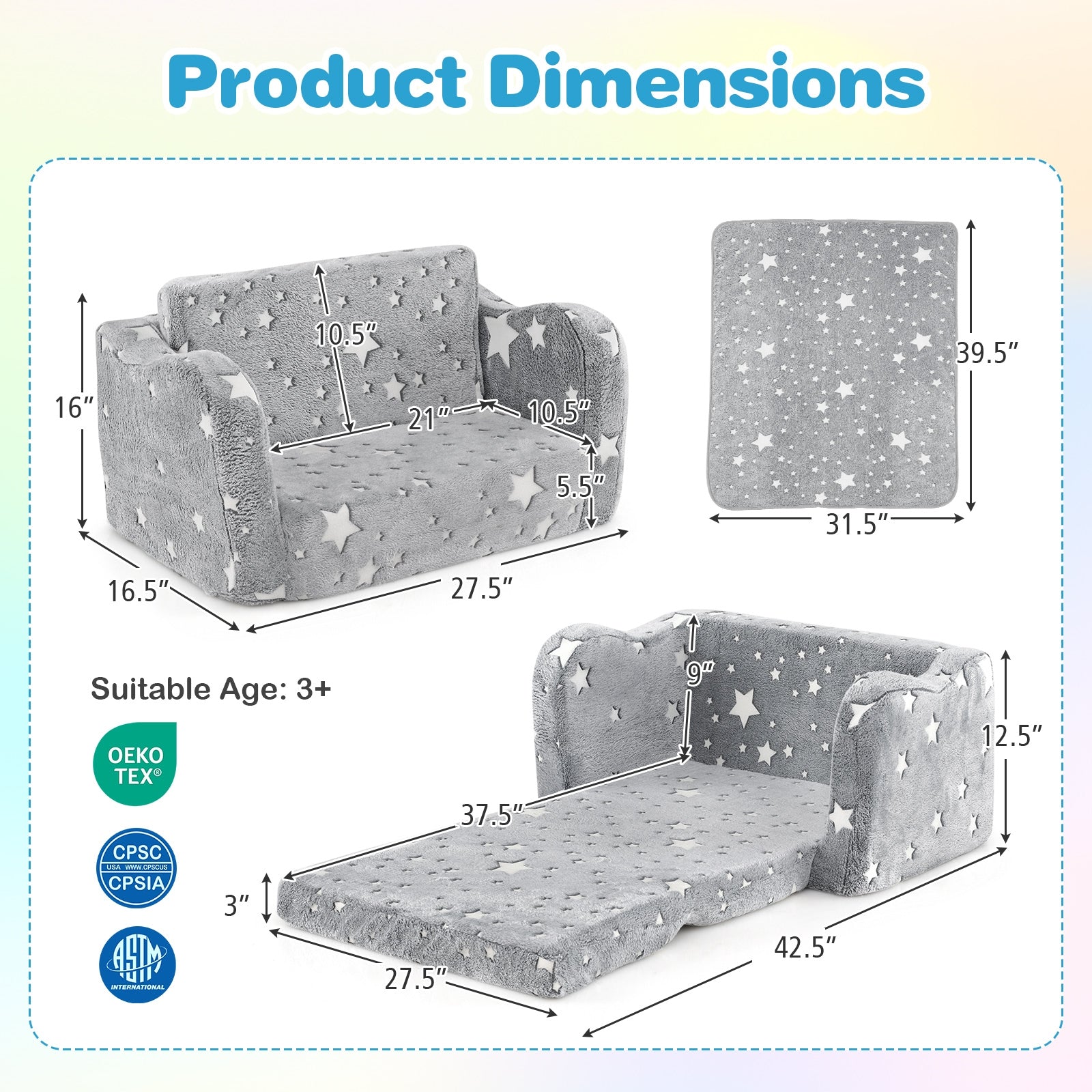 2-in-1 Folding Kids Couch With Blanket, Glow In Dark, Gray Kids Chairs & Seating at Gallery Canada