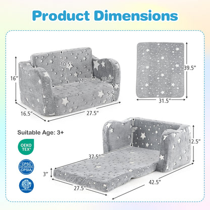 2-in-1 Folding Kids Couch With Blanket, Glow In Dark, Gray Kids Chairs & Seating at Gallery Canada