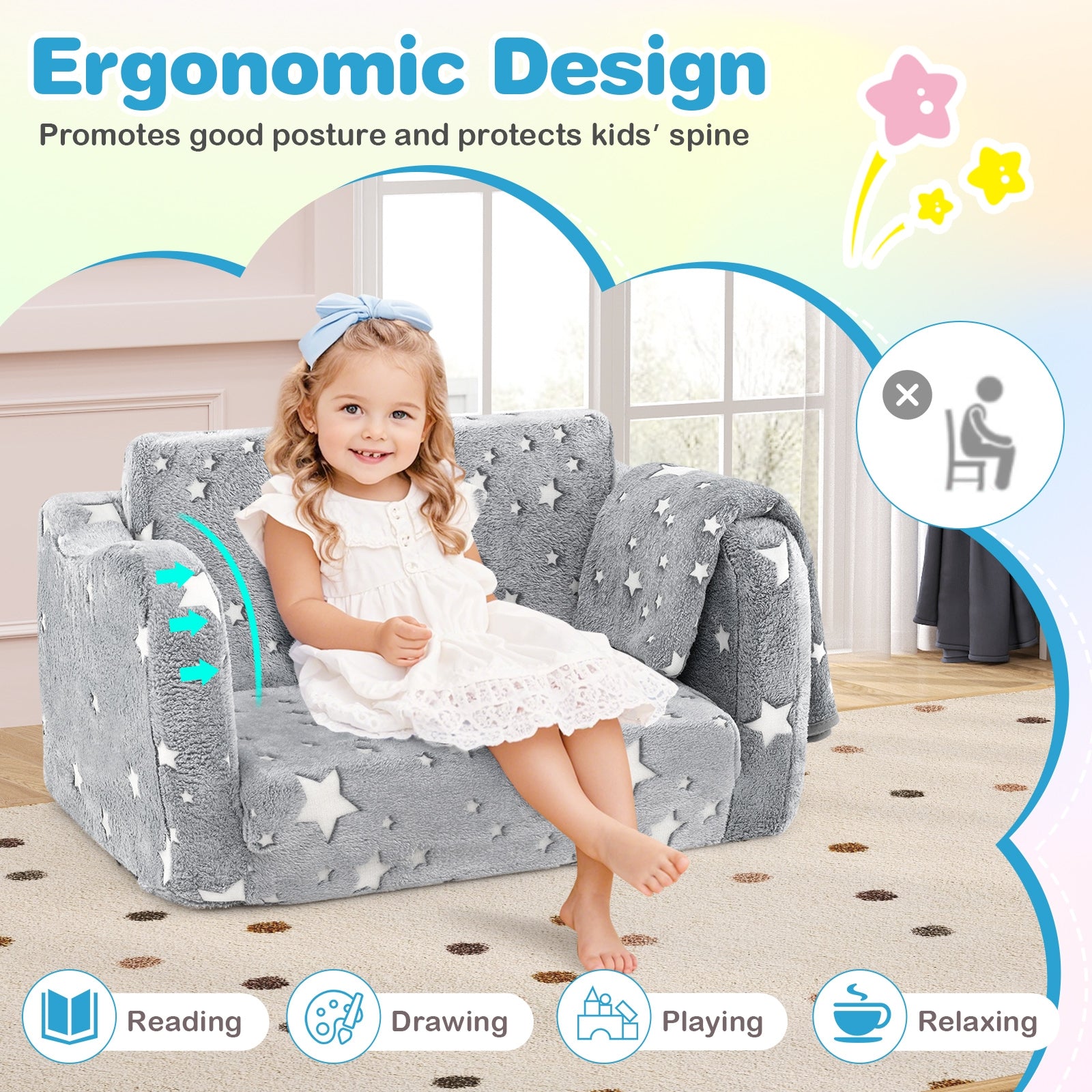 2-in-1 Folding Kids Couch With Blanket, Glow In Dark, Gray Kids Chairs & Seating at Gallery Canada