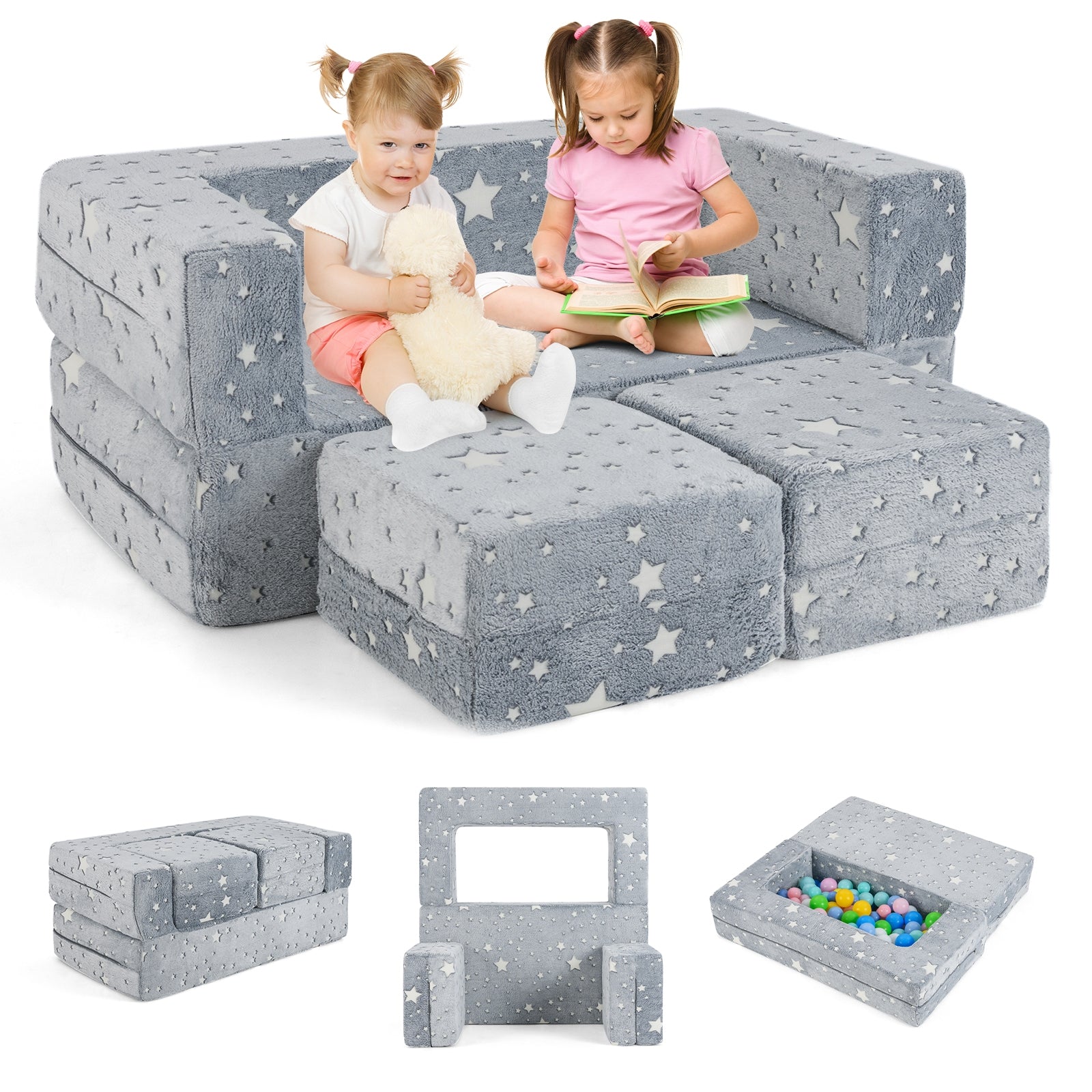 2 Seater Kids Play Couch with Removable and Machine Washable Flannel Cover, Gray Kids Chairs & Seating at Gallery Canada