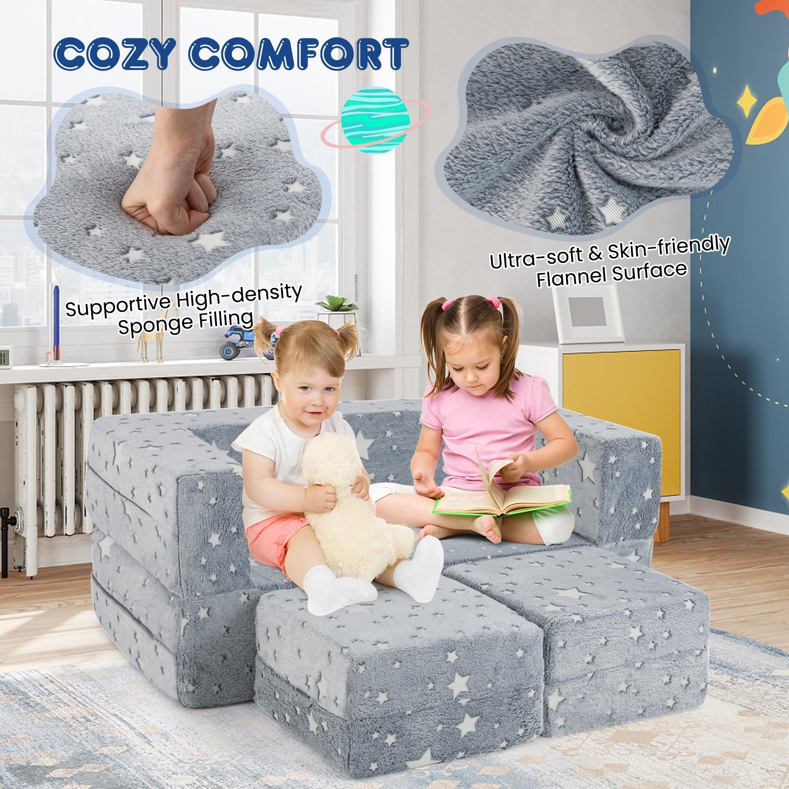 2 Seater Kids Play Couch with Removable and Machine Washable Flannel Cover, Gray Kids Chairs & Seating at Gallery Canada