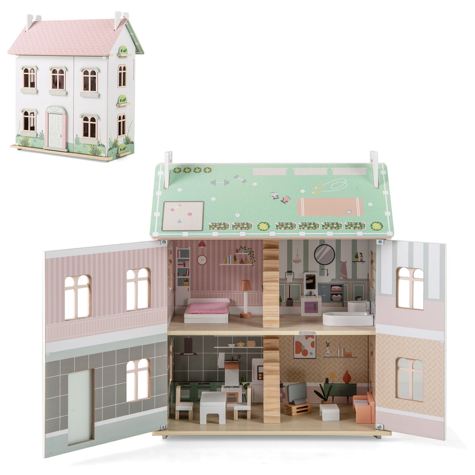 Kids Wooden Dollhouse, 3 Level, Pink Play Tents & Playhouse Pink at Gallery Canada