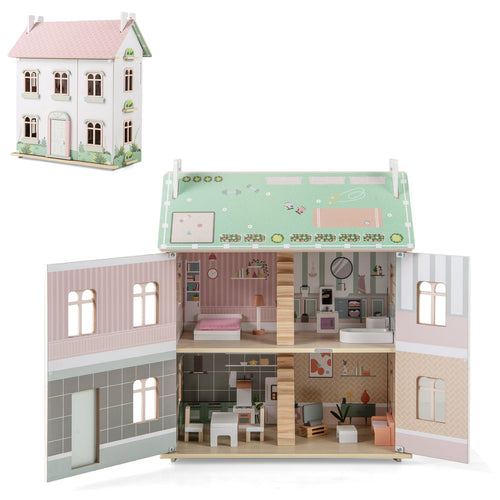 Kids Wooden Dollhouse, 3 Level, Pink