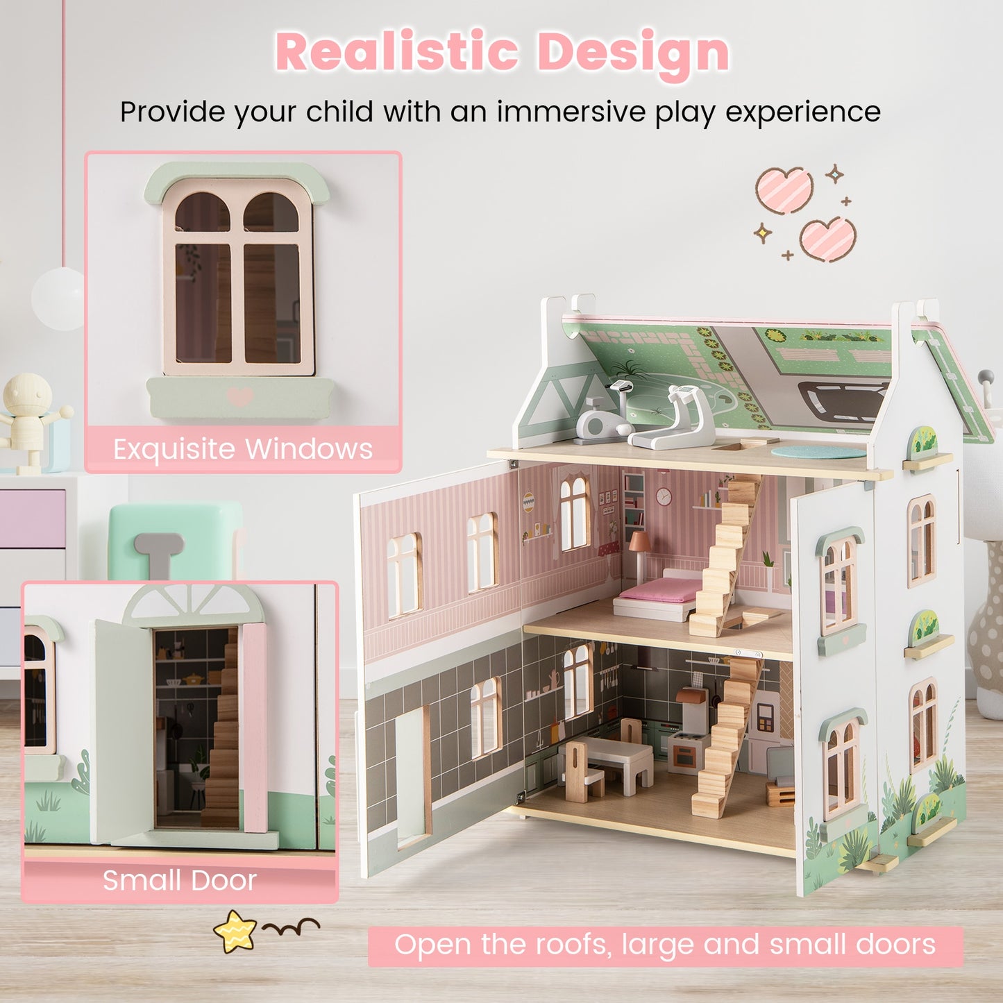 Kids Wooden Dollhouse, 3 Level, Pink Play Tents & Playhouse at Gallery Canada