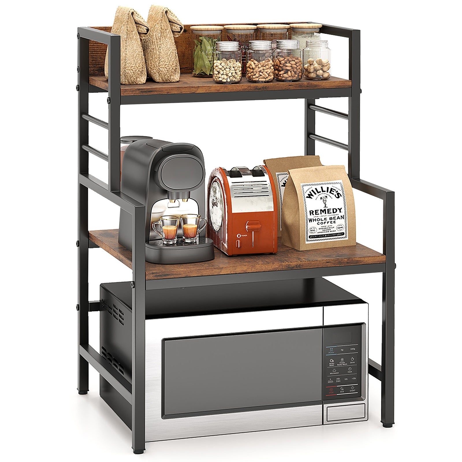 3-Tier Microwave Stand with 2 Open Shelves and Heavy-duty Metal Frame, Rustic Brown Baker's Racks at Gallery Canada