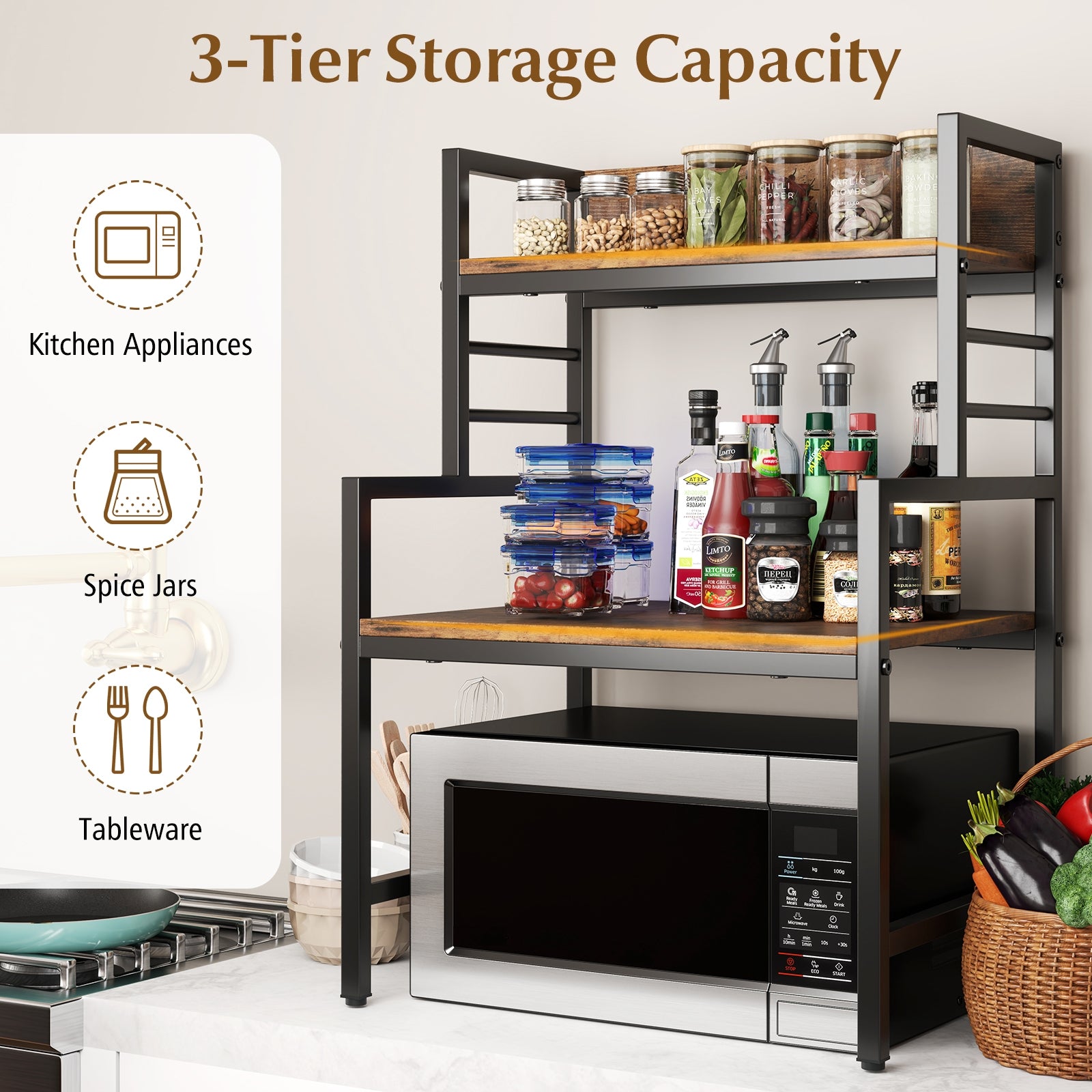 3-Tier Microwave Stand with 2 Open Shelves and Heavy-duty Metal Frame, Rustic Brown Baker's Racks at Gallery Canada