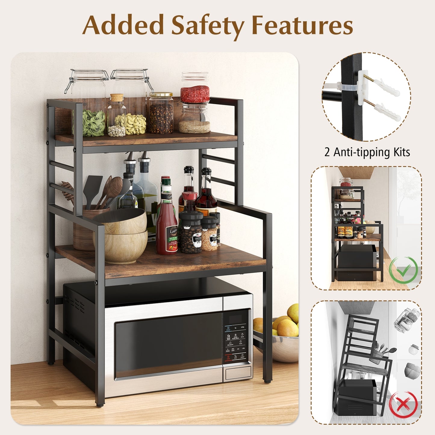 3-Tier Microwave Stand with 2 Open Shelves and Heavy-duty Metal Frame, Rustic Brown Baker's Racks at Gallery Canada