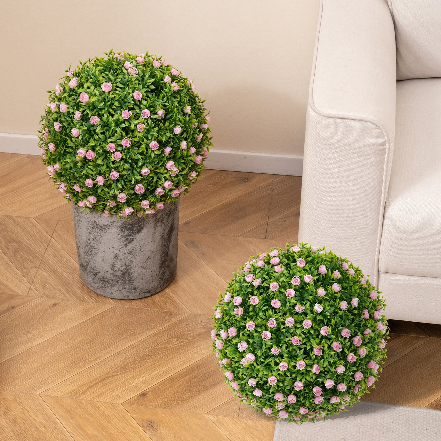 2 Pieces Artificial Plant Topiary Balls 17.5 Inch Faux Decorative Balls with Pink Flowers, Green Faux Plants at Gallery Canada