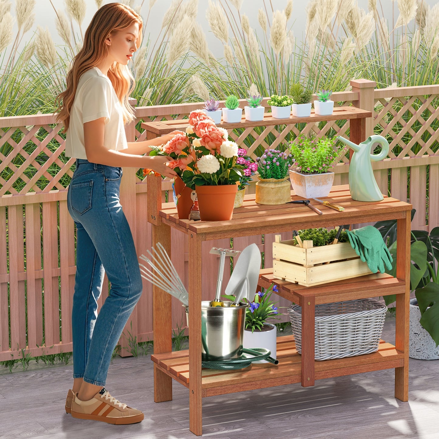 Outdoor Garden Potting Wood Planting Workstation with Open Shelves Potting Benches & Tables at Gallery Canada