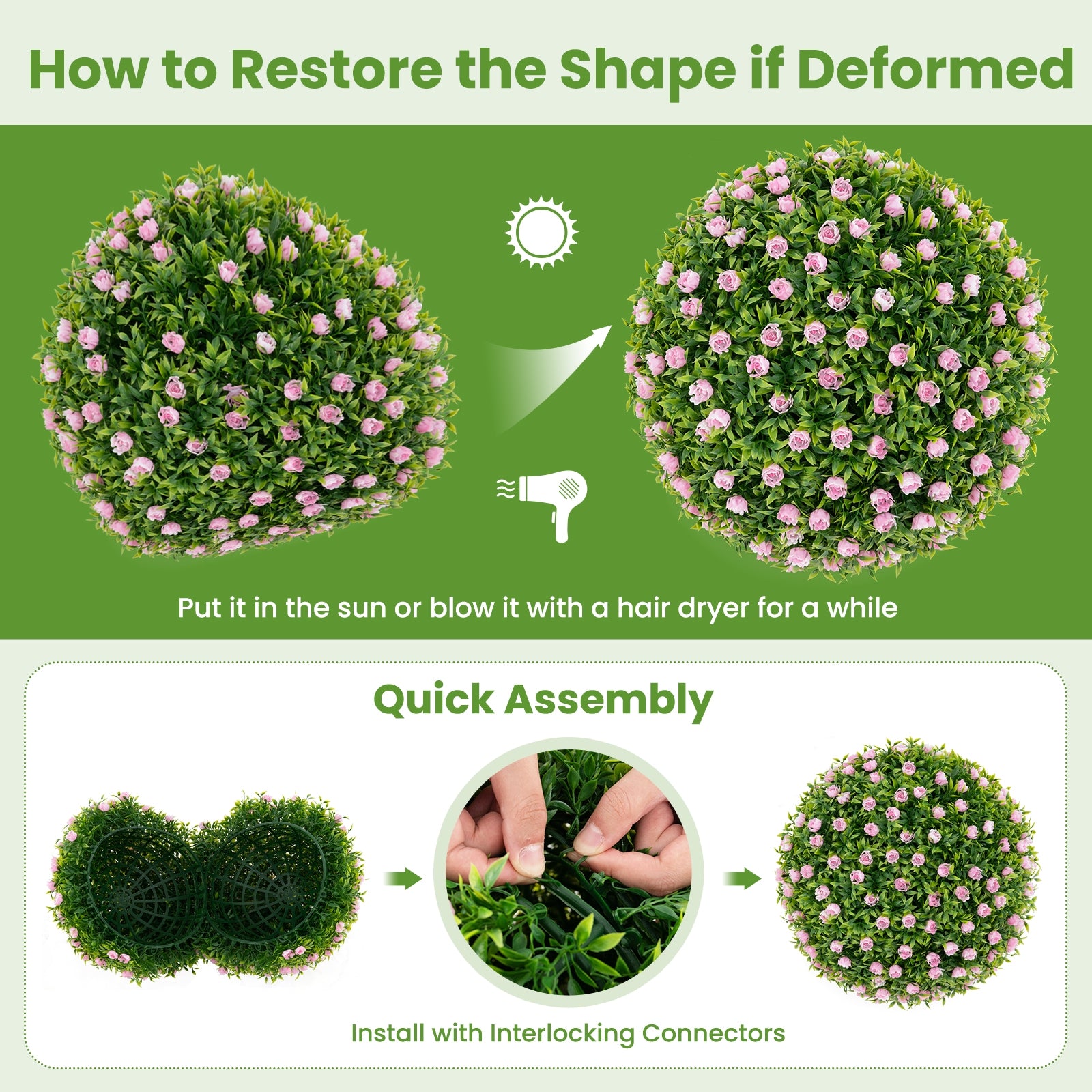 2 Pieces Artificial Plant Topiary Balls 17.5 Inch Faux Decorative Balls with Pink Flowers, Green Faux Plants at Gallery Canada