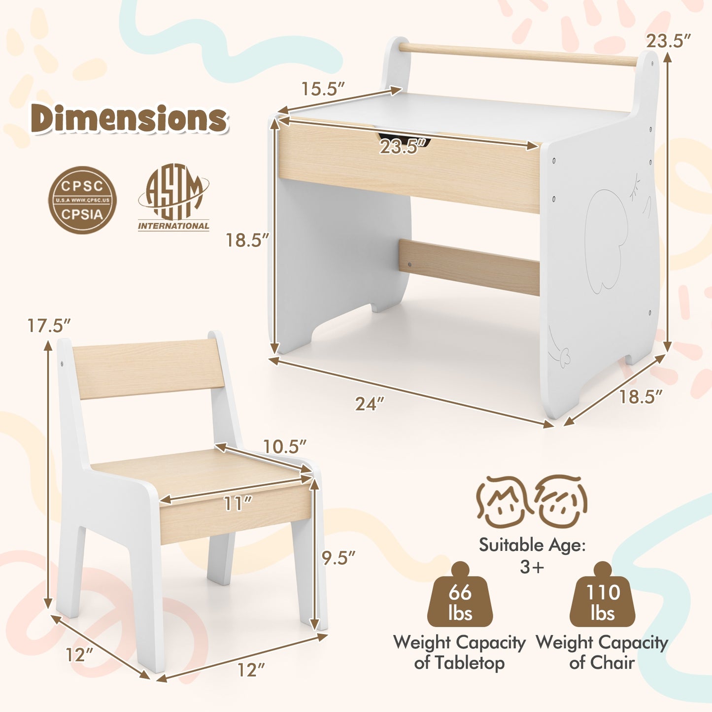 Kids Table and Chair Set with 2 in 1 Detachable Tabletop and Storage, White Kids Table & Chair Sets at Gallery Canada