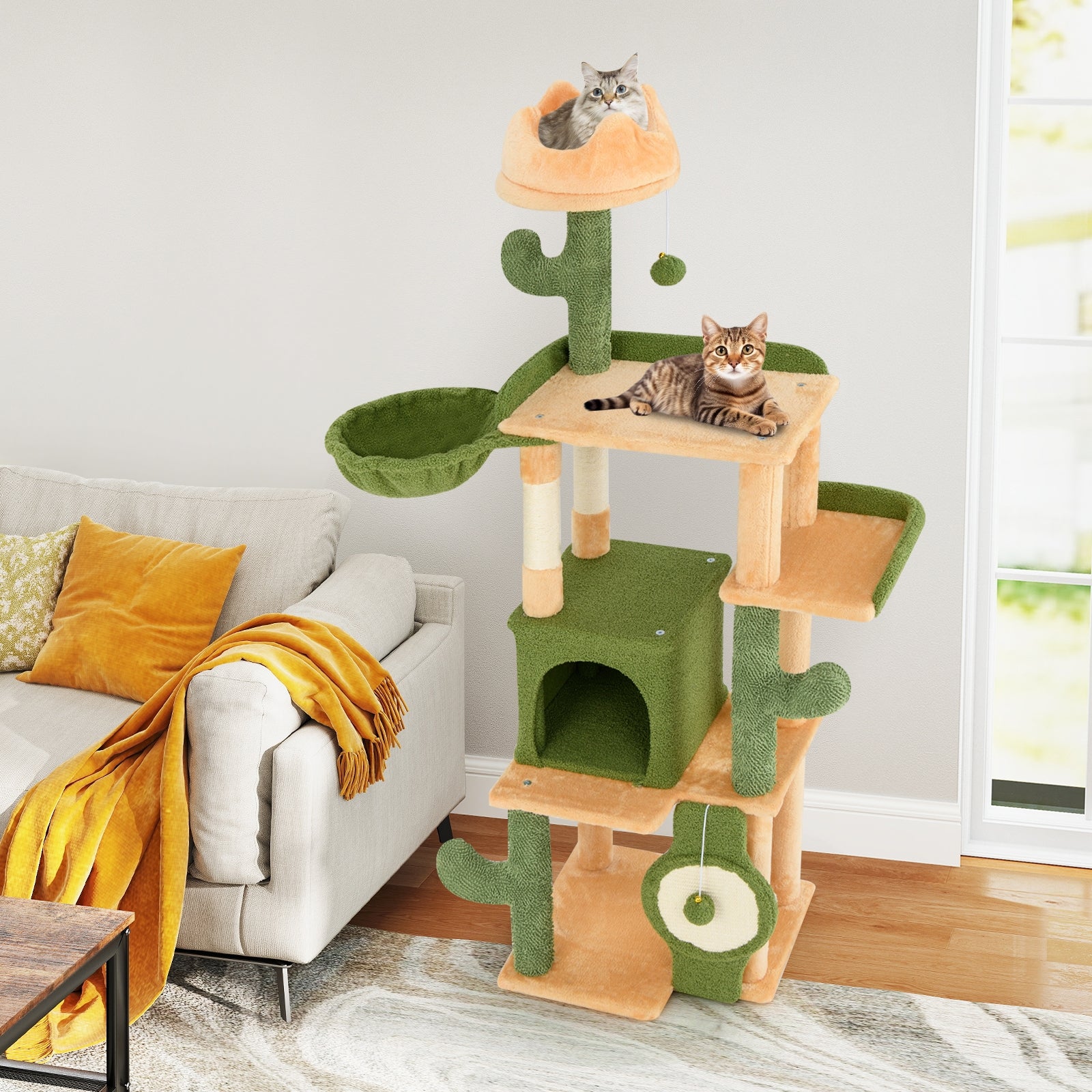63 Inch Cactus Cat Tree with Sisal Scratching Posts and Board for Indoor Cats, Green Cat Trees Condos & Scratchers at Gallery Canada