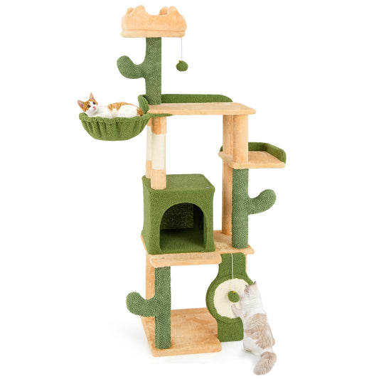 63 Inch Cactus Cat Tree with Sisal Scratching Posts and Board for Indoor Cats, Green Cat Trees Condos & Scratchers Green at Gallery Canada