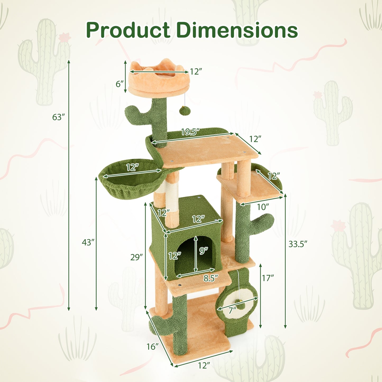 63 Inch Cactus Cat Tree with Sisal Scratching Posts and Board for Indoor Cats, Green Cat Trees Condos & Scratchers at Gallery Canada