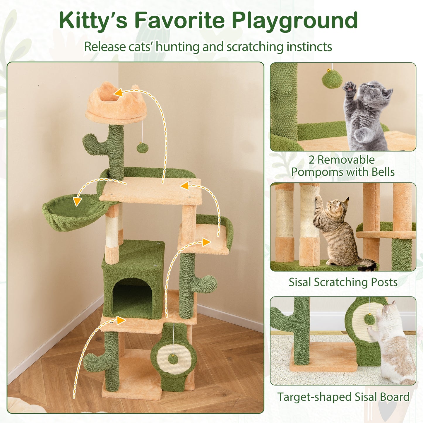 63 Inch Cactus Cat Tree with Sisal Scratching Posts and Board for Indoor Cats, Green Cat Trees Condos & Scratchers at Gallery Canada