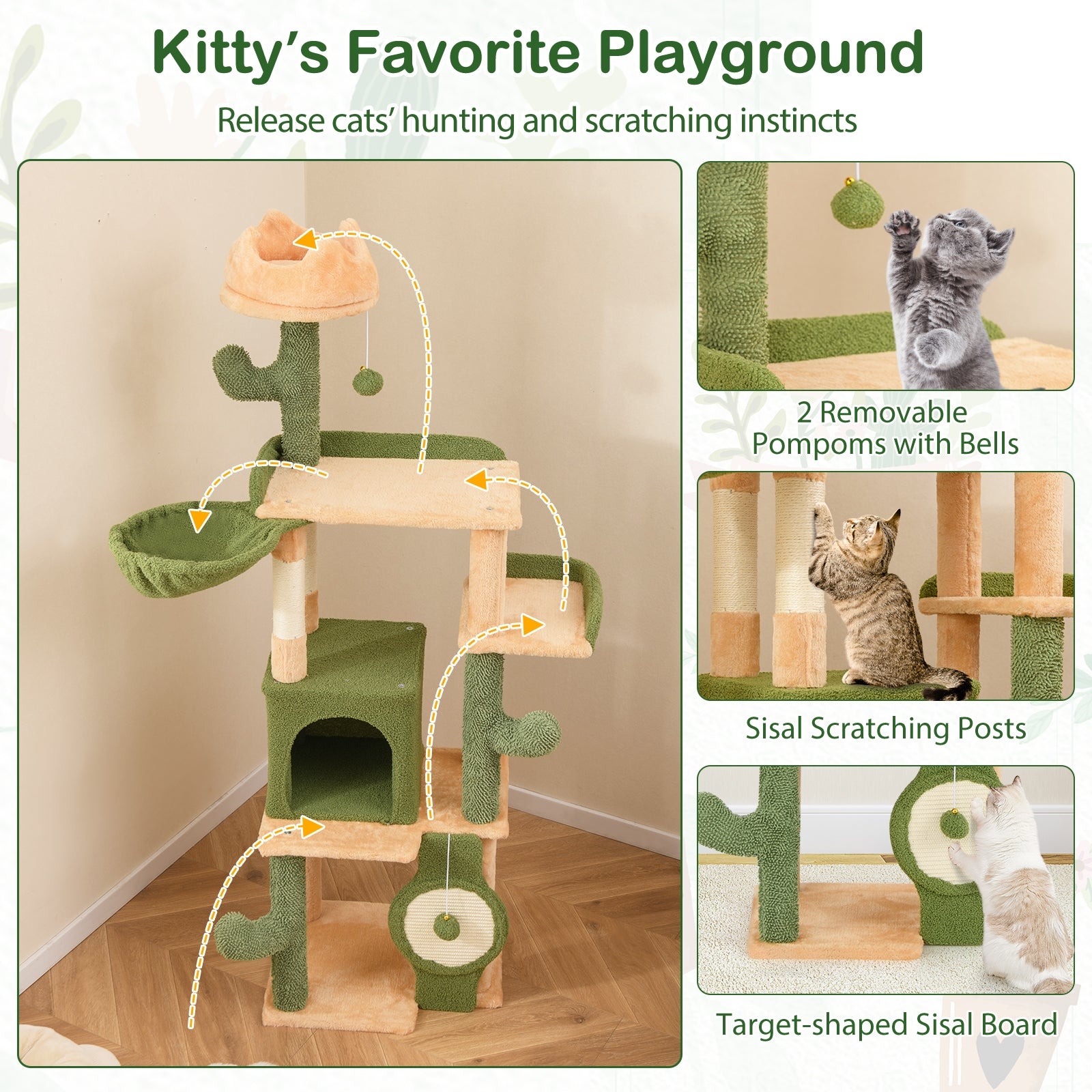 63 Inch Cactus Cat Tree with Sisal Scratching Posts and Board for Indoor Cats, Green Cat Trees Condos & Scratchers at Gallery Canada