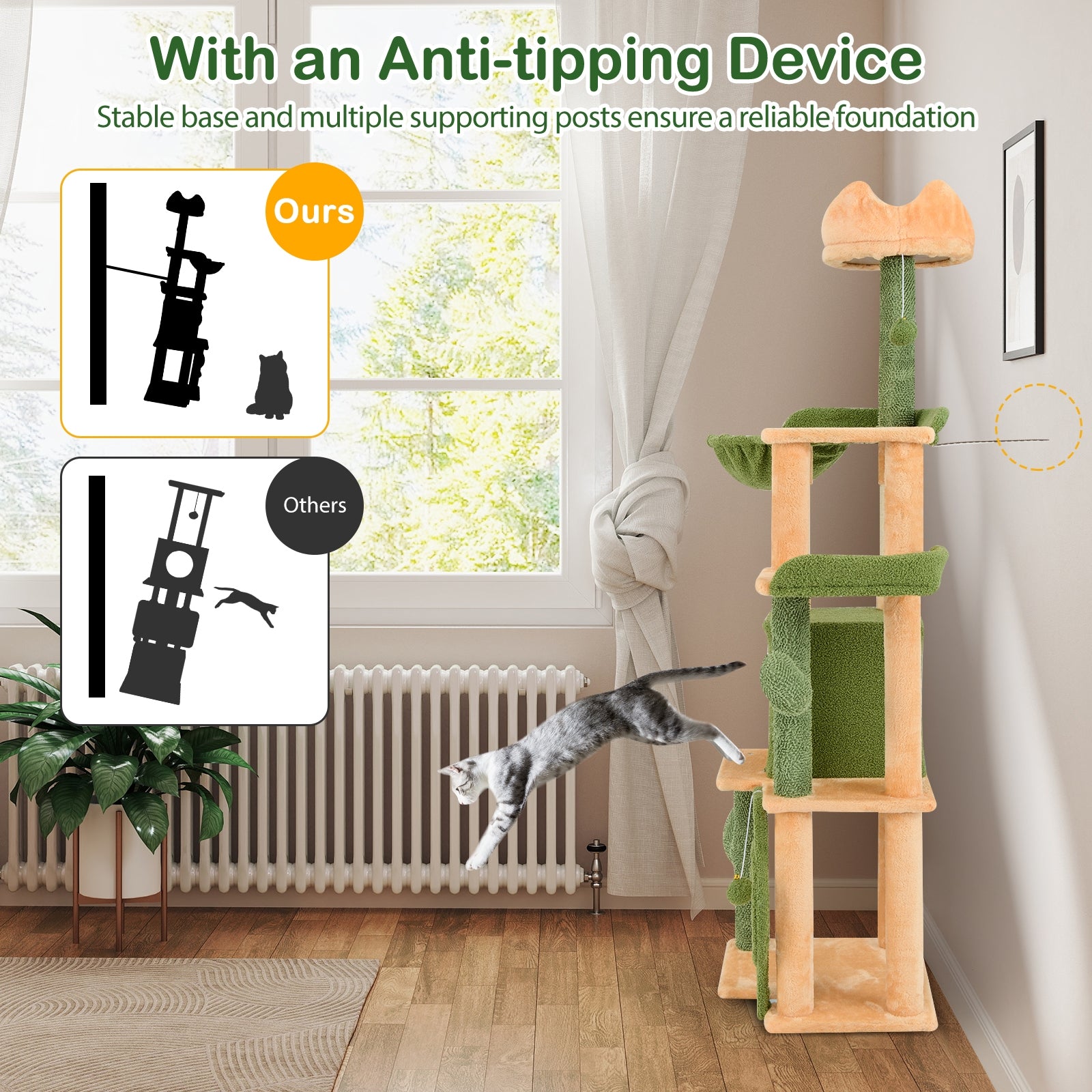 63 Inch Cactus Cat Tree with Sisal Scratching Posts and Board for Indoor Cats, Green Cat Trees Condos & Scratchers at Gallery Canada