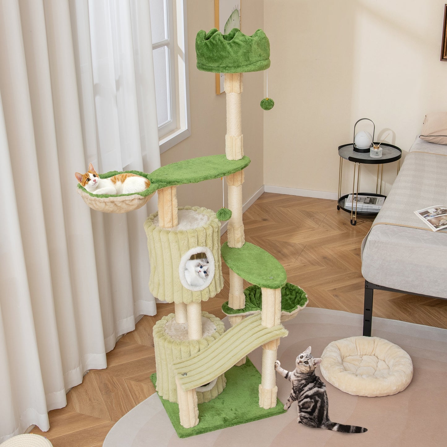 63 Inch Multi-Level Cat Tower, 2 Condos, Green Cat Trees Condos & Scratchers at Gallery Canada