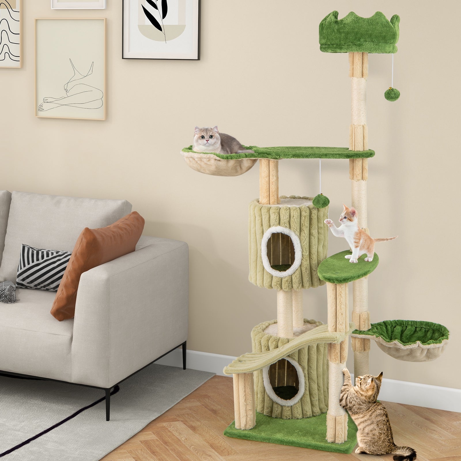 63 Inch Multi-Level Cat Tower, 2 Condos, Green Cat Trees Condos & Scratchers at Gallery Canada