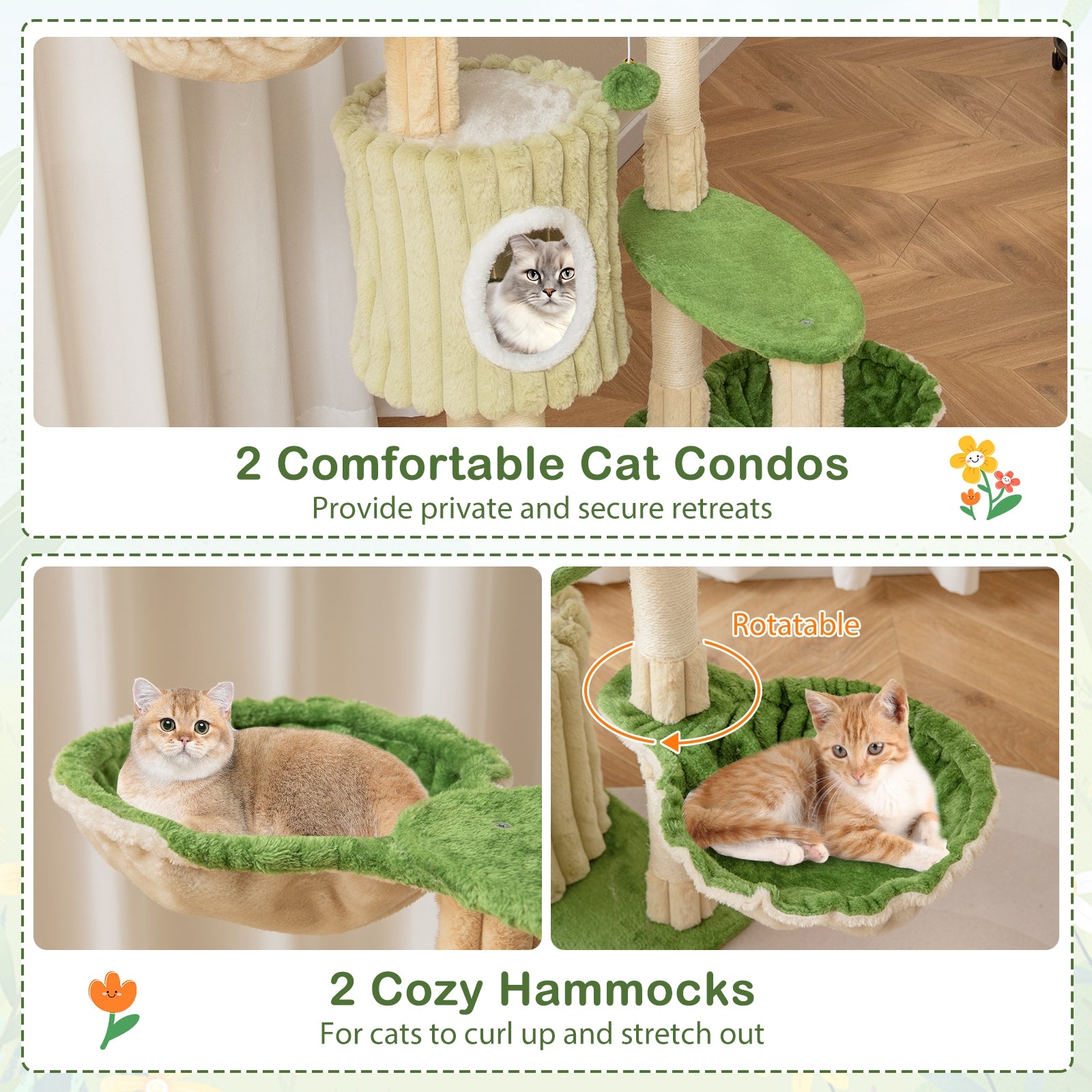 63 Inch Multi-Level Cat Tower, 2 Condos, Green Cat Trees Condos & Scratchers at Gallery Canada
