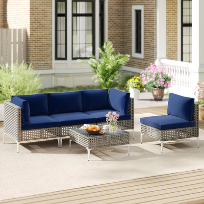 5 Piece Outdoor Furniture Set Patio Rattan Chairs with Tempered Glass Coffee Table, Navy Outdoor Sectionals at Gallery Canada