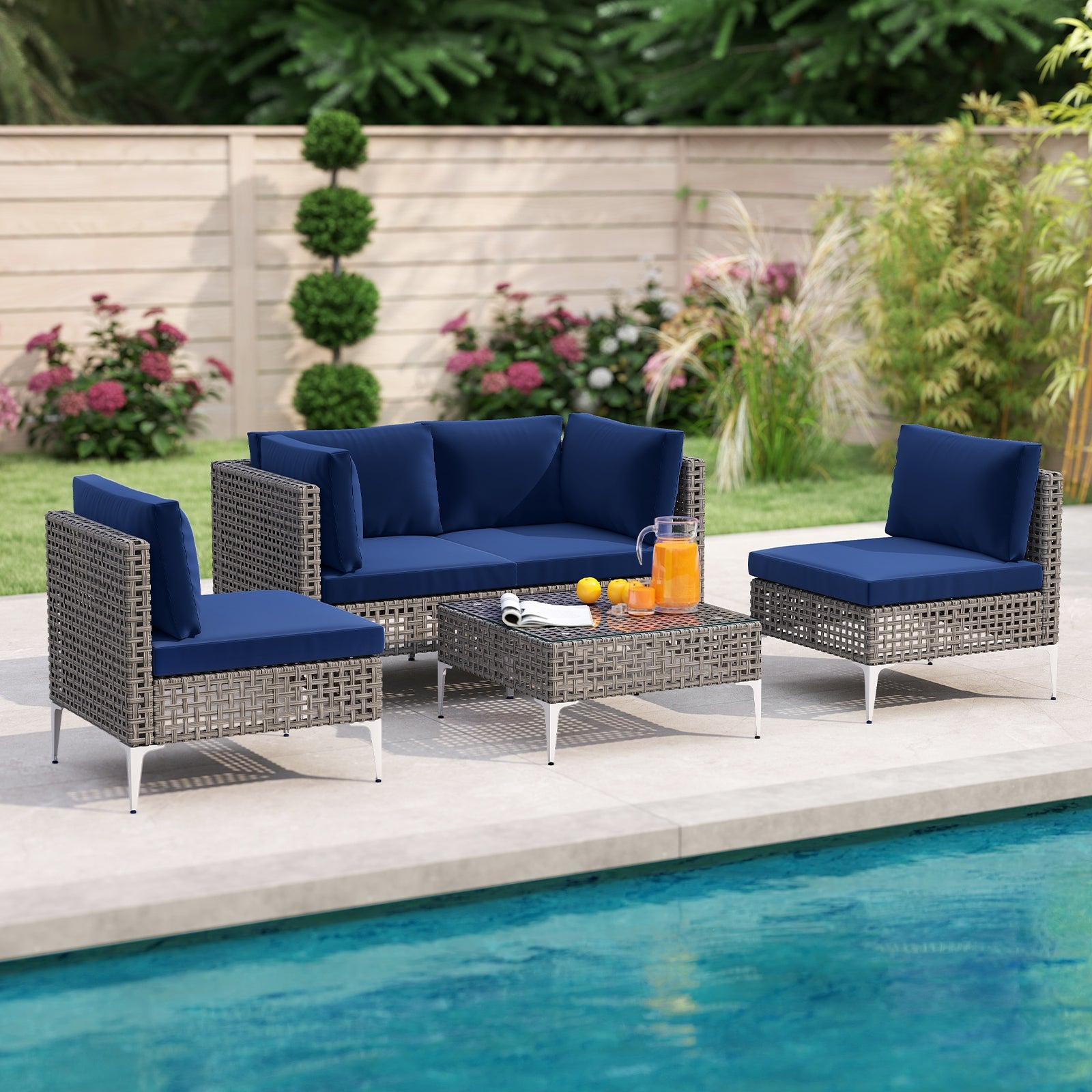5 Piece Outdoor Furniture Set Patio Rattan Chairs with Tempered Glass Coffee Table, Navy Outdoor Sectionals at Gallery Canada
