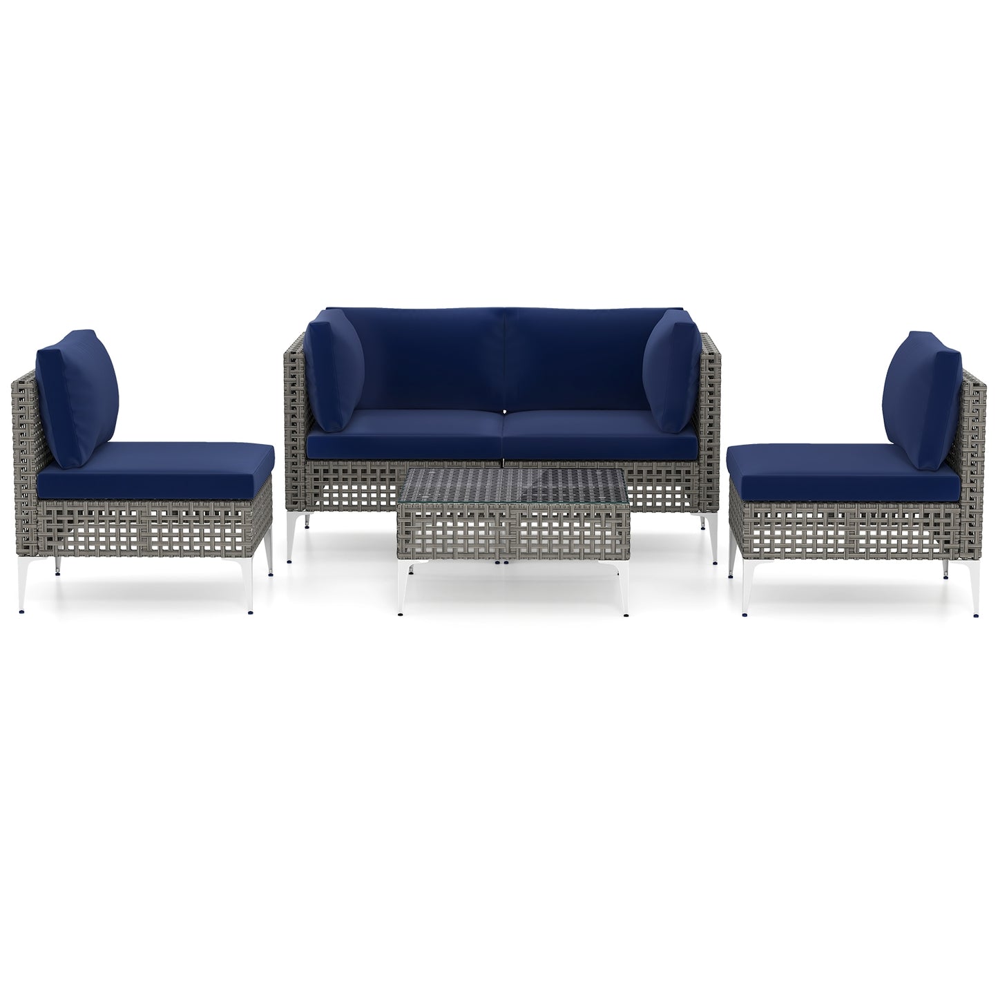 5 Piece Outdoor Furniture Set Patio Rattan Chairs with Tempered Glass Coffee Table, Navy Outdoor Sectionals at Gallery Canada