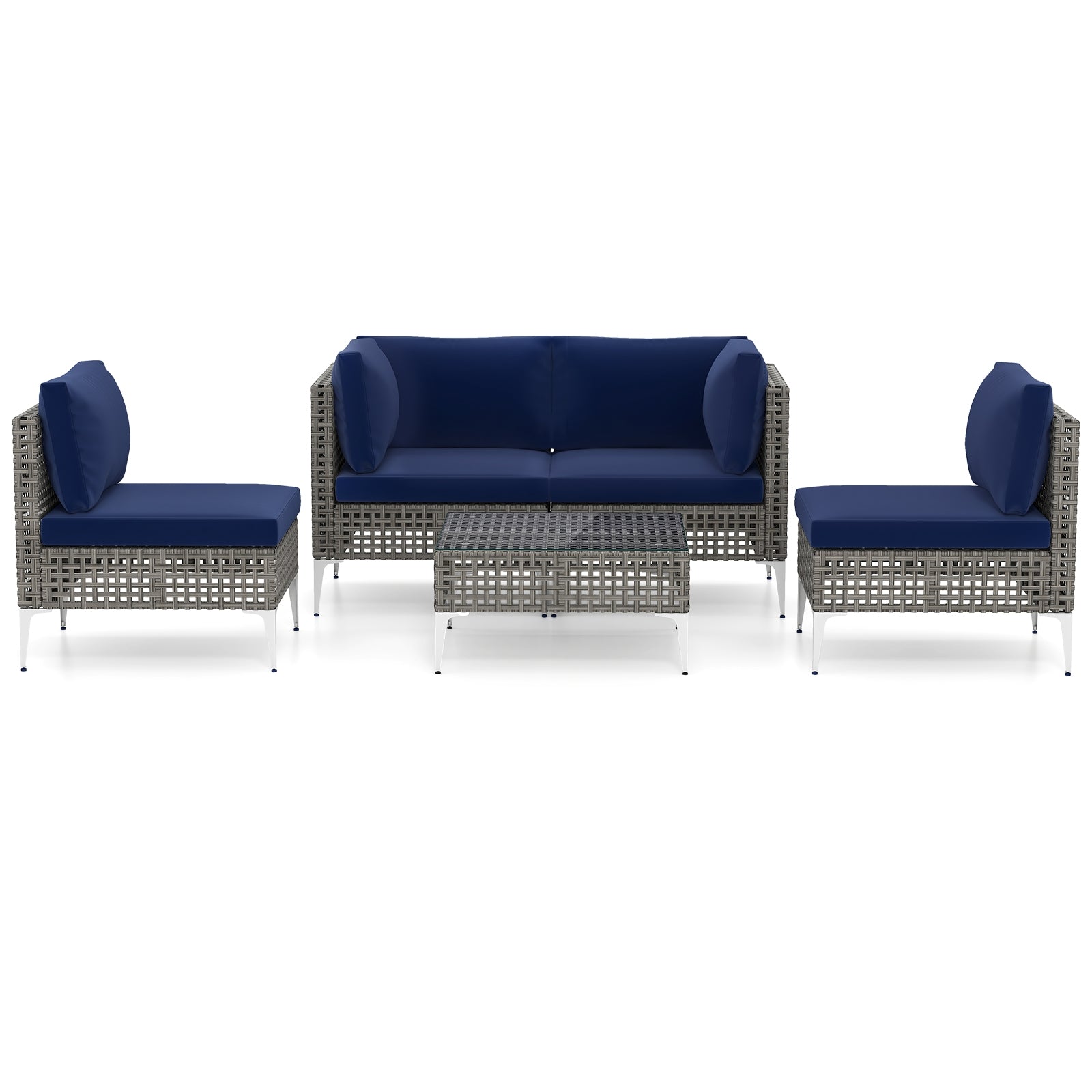 5 Piece Patio Rattan Furniture Set, With Tempered Glass Coffee Table, Navy Outdoor Sectionals at Gallery Canada