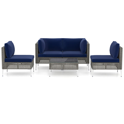 5 Piece Patio Rattan Furniture Set, With Tempered Glass Coffee Table, Navy Outdoor Sectionals at Gallery Canada