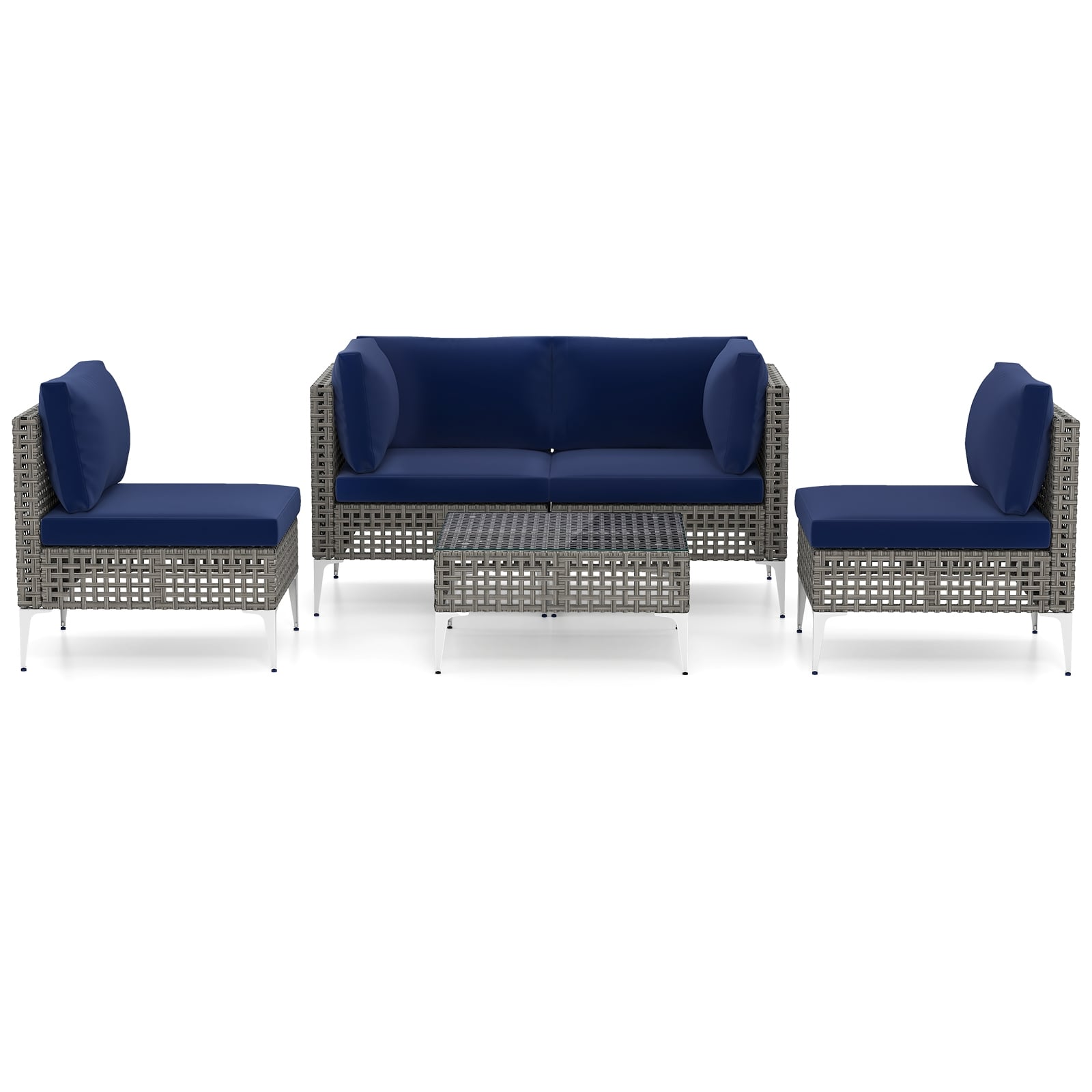 5 Piece Patio Rattan Furniture Set, With Tempered Glass Coffee Table, Navy Outdoor Sectionals Navy at Gallery Canada