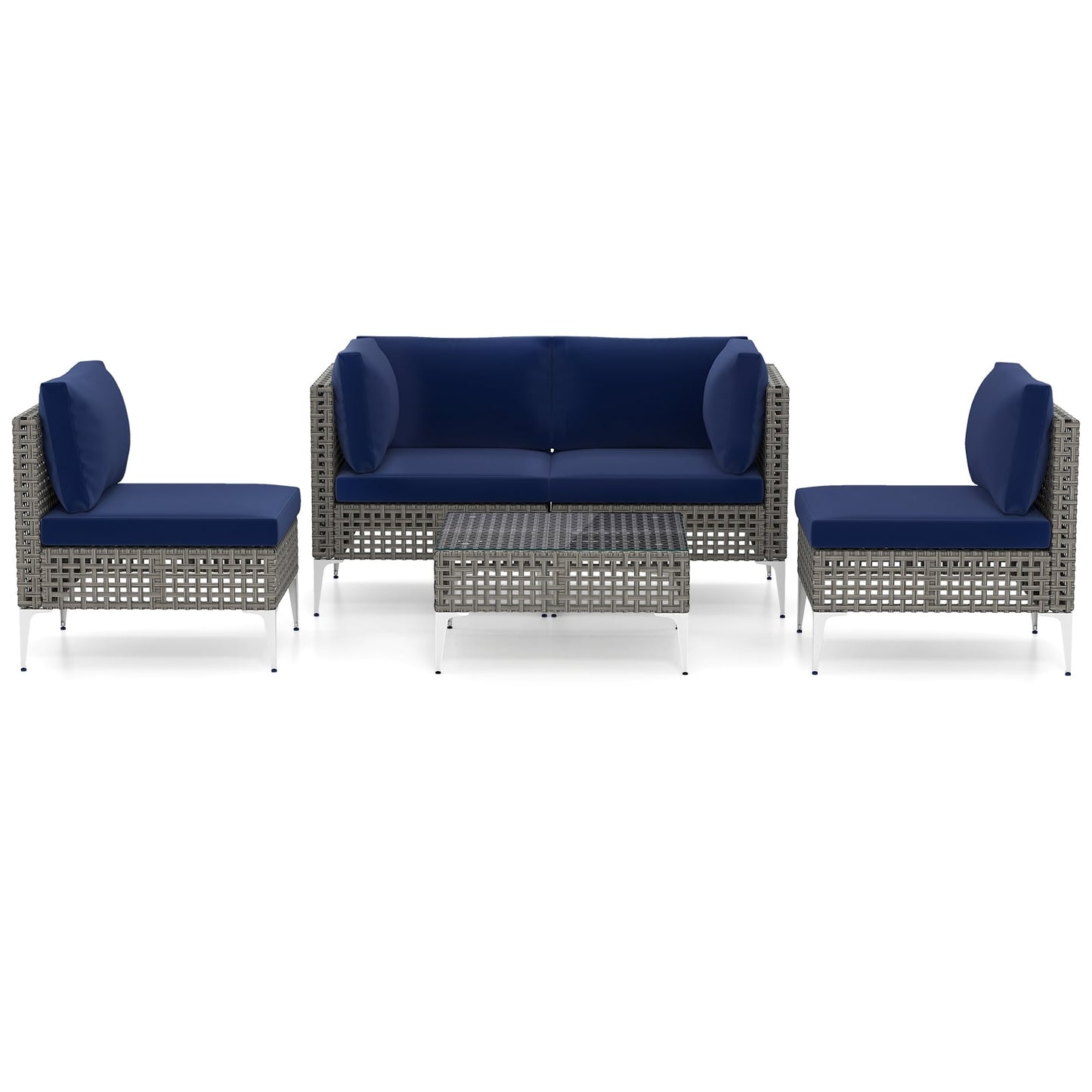 5 Piece Patio Rattan Furniture Set, With Tempered Glass Coffee Table, Navy Outdoor Sectionals Navy at Gallery Canada